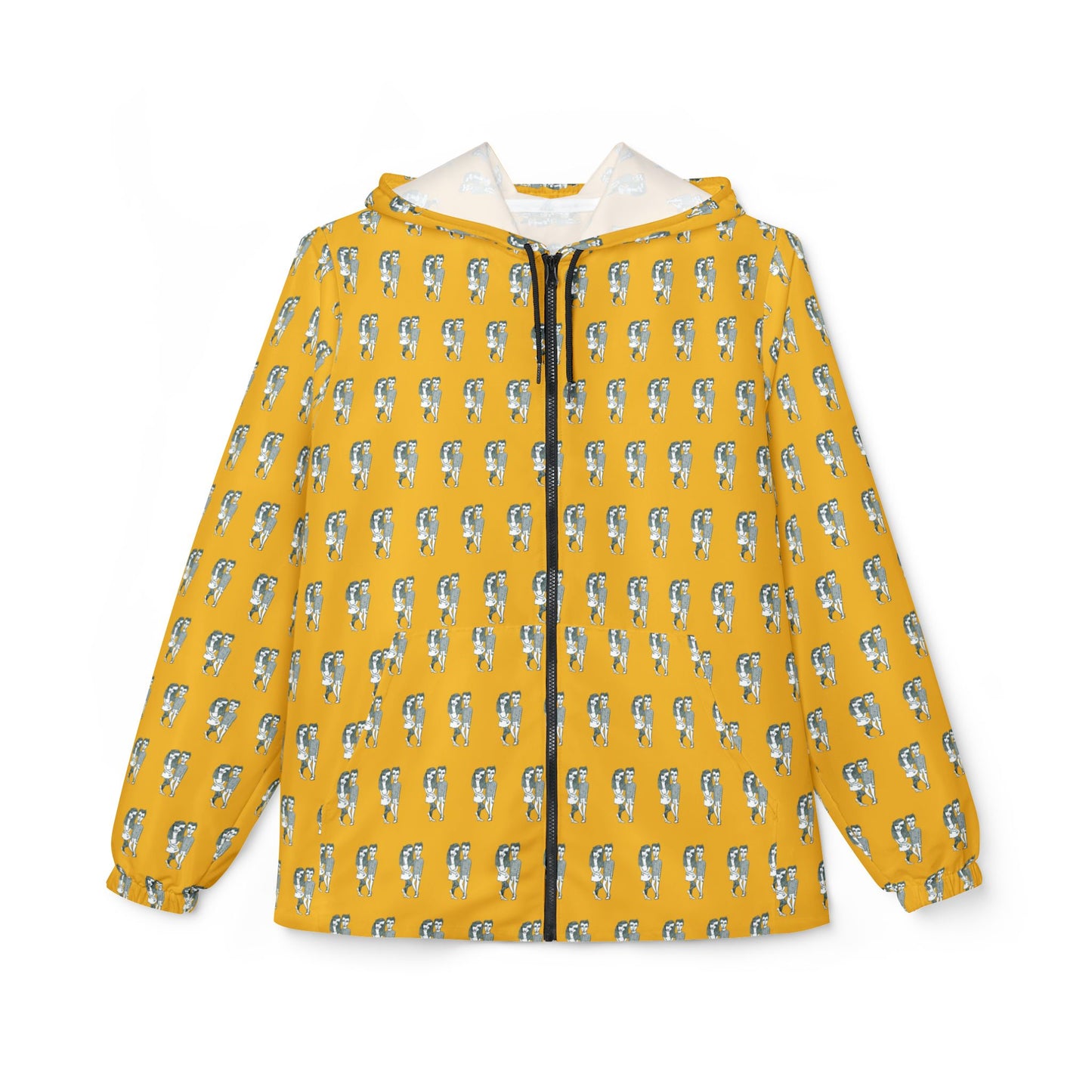 Front view of Babes yellow windbreaker jacket with all-over retro couple artwork