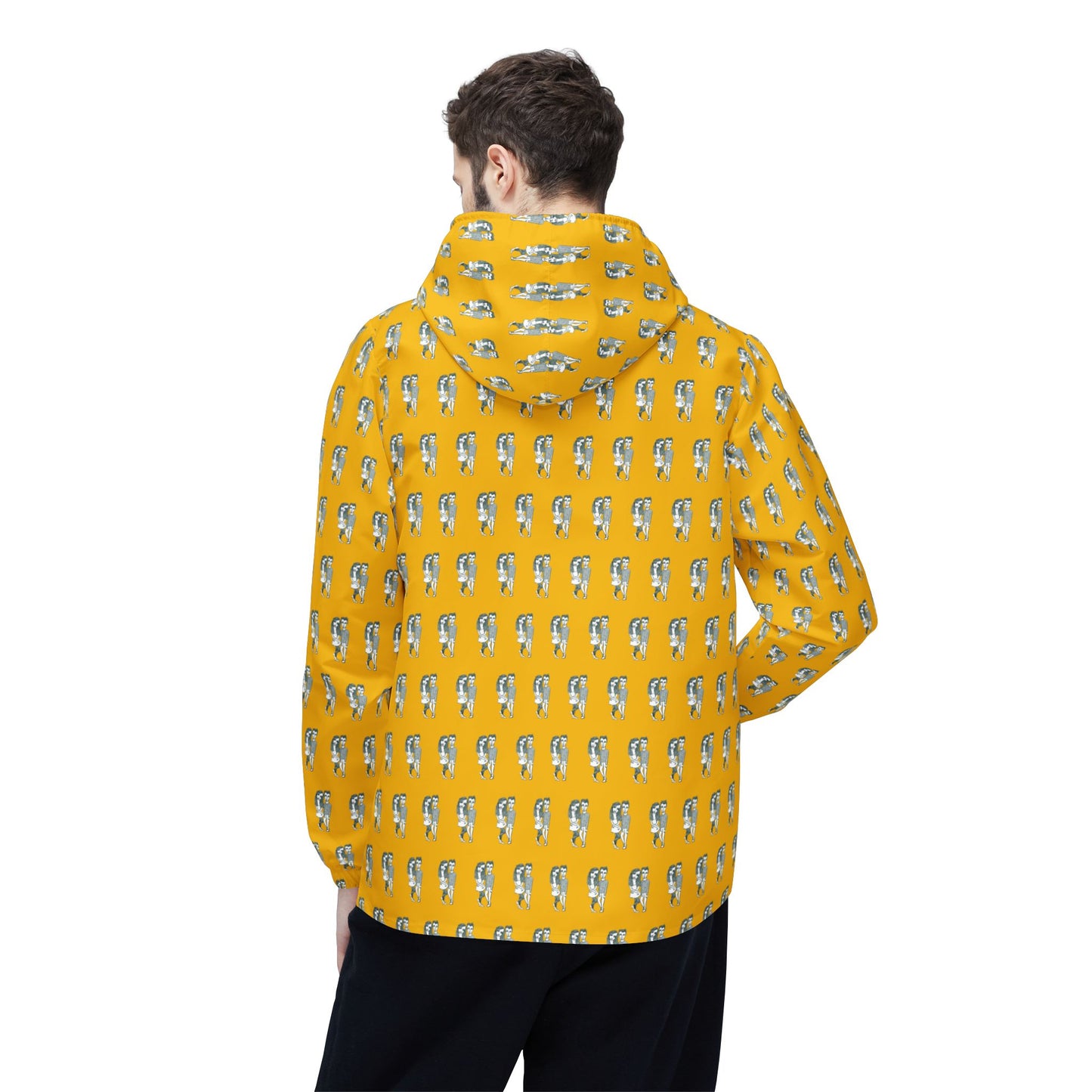 Back view of man wearing Babes yellow windbreaker jacket with retro couple artwork