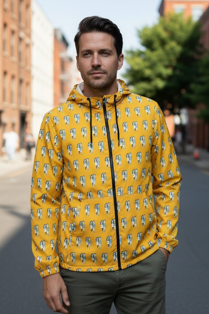 Man wearing Babes yellow windbreaker jacket with original illustrated couple pattern outdoors