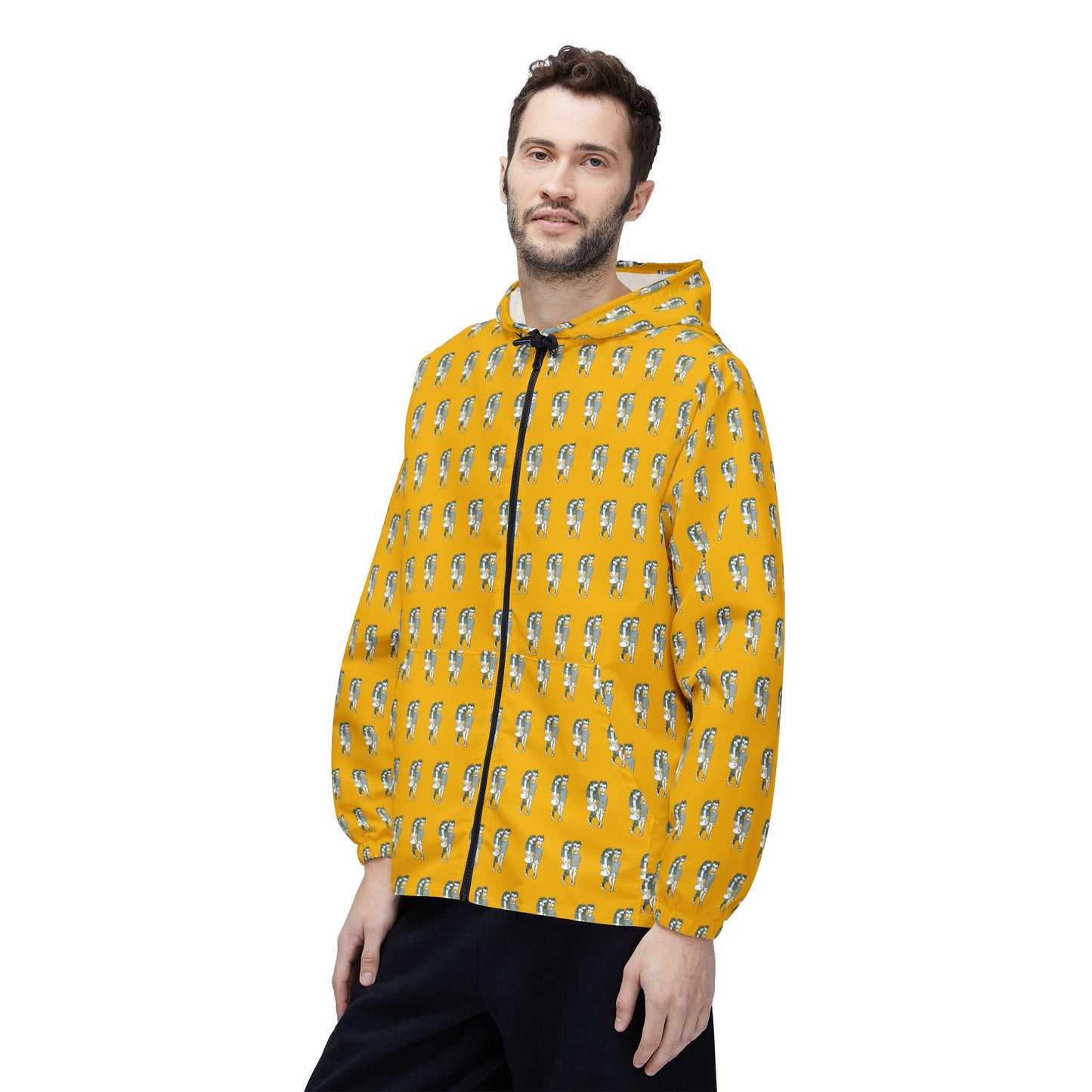 Front view of man wearing Babes yellow windbreaker jacket with hand-drawn artwork