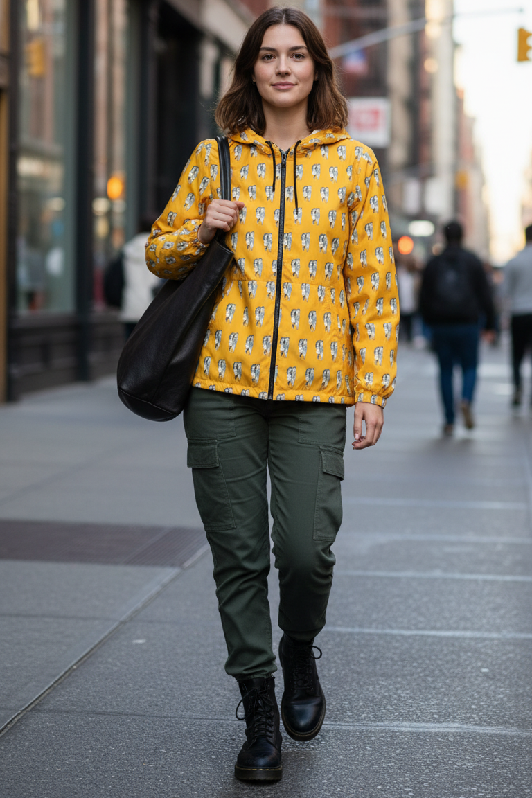 Woman wearing Babes yellow windbreaker jacket with hand-drawn retro couple print on a city street