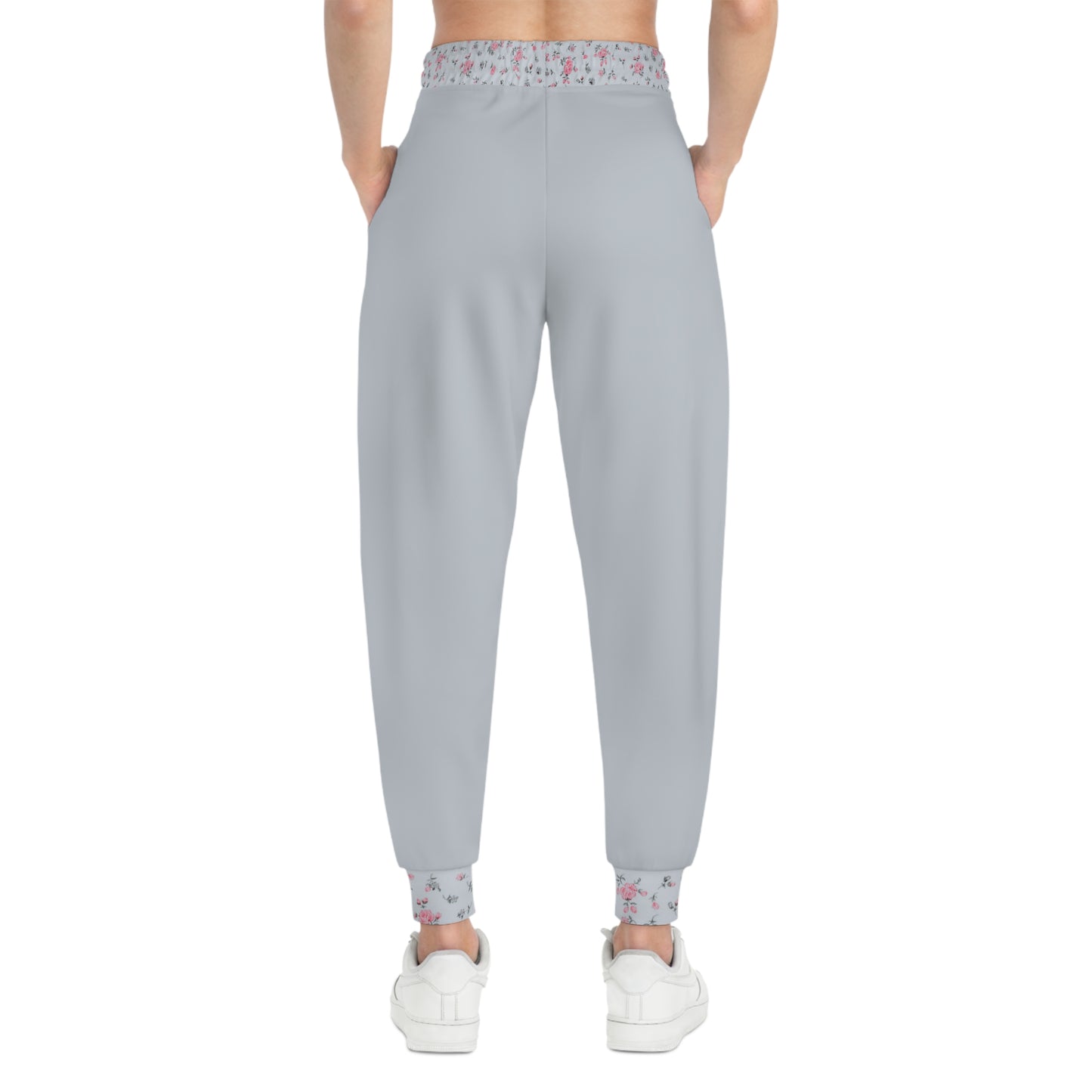 Rear view of grey floral joggers with floral waistband detail