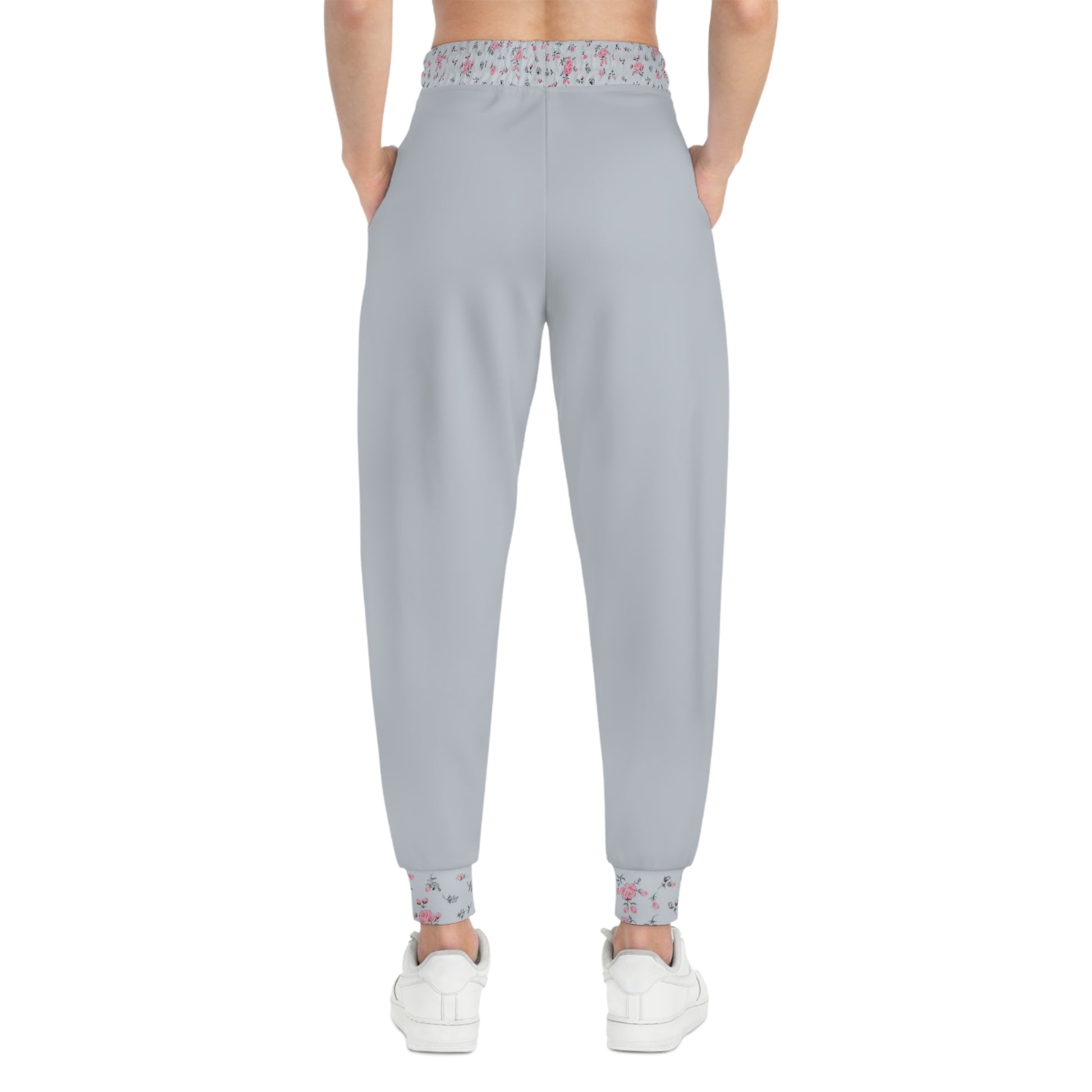 Rear view of grey floral joggers with floral waistband detail