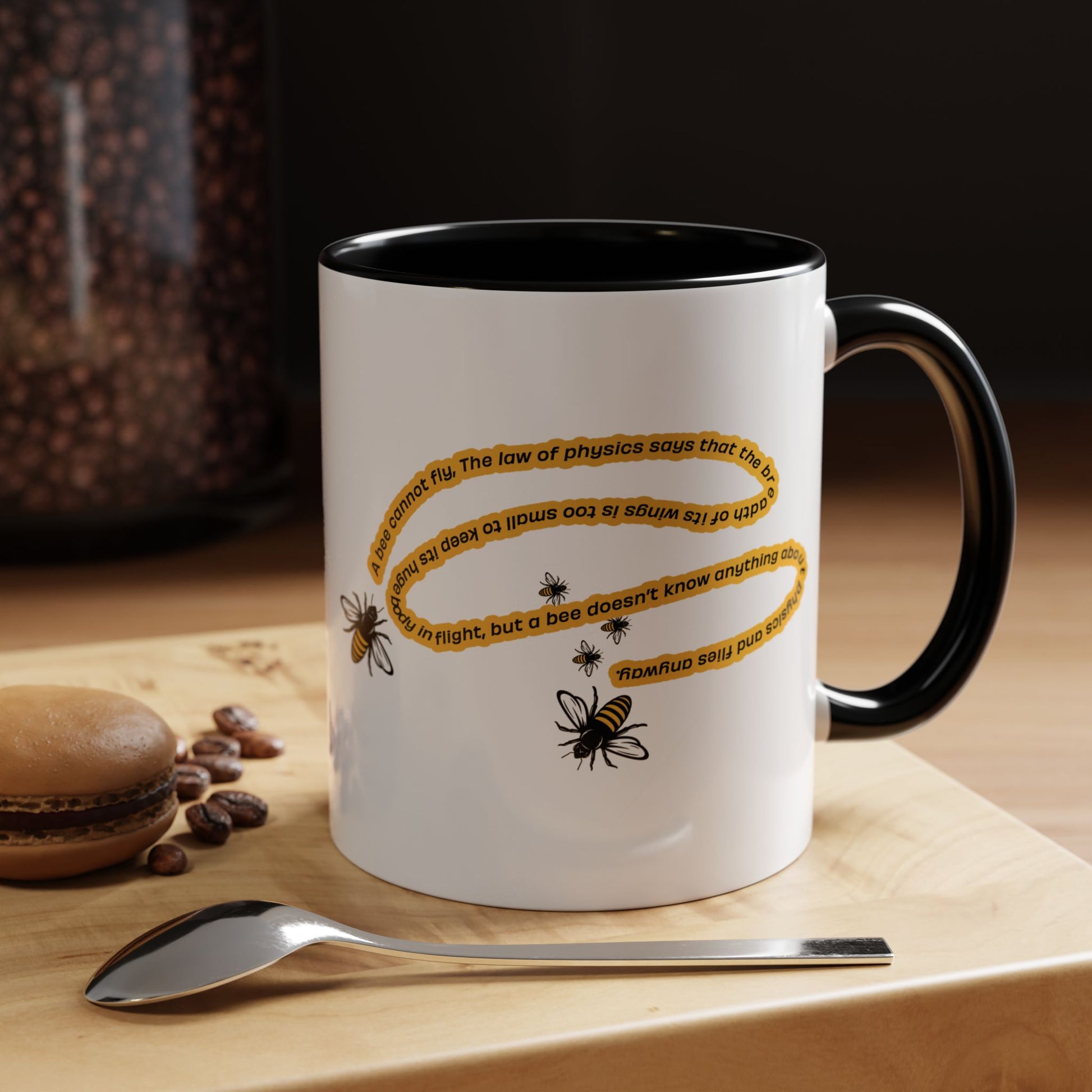 Black accent bee physics quote mug styled with coffee and kitchen accessories