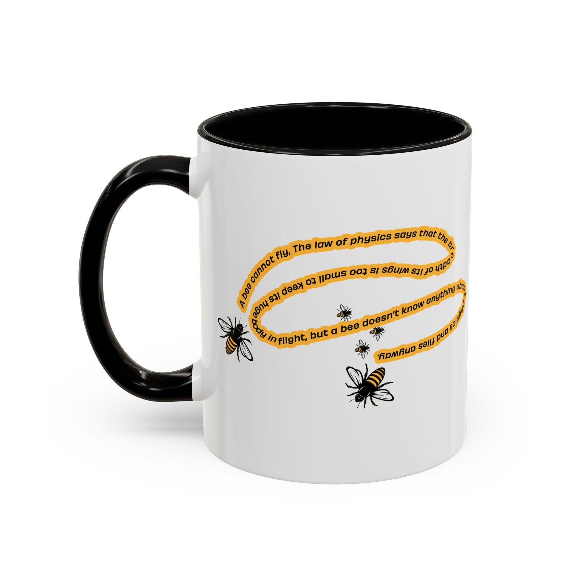 White bee physics quote coffee mug with black handle, rim and interior