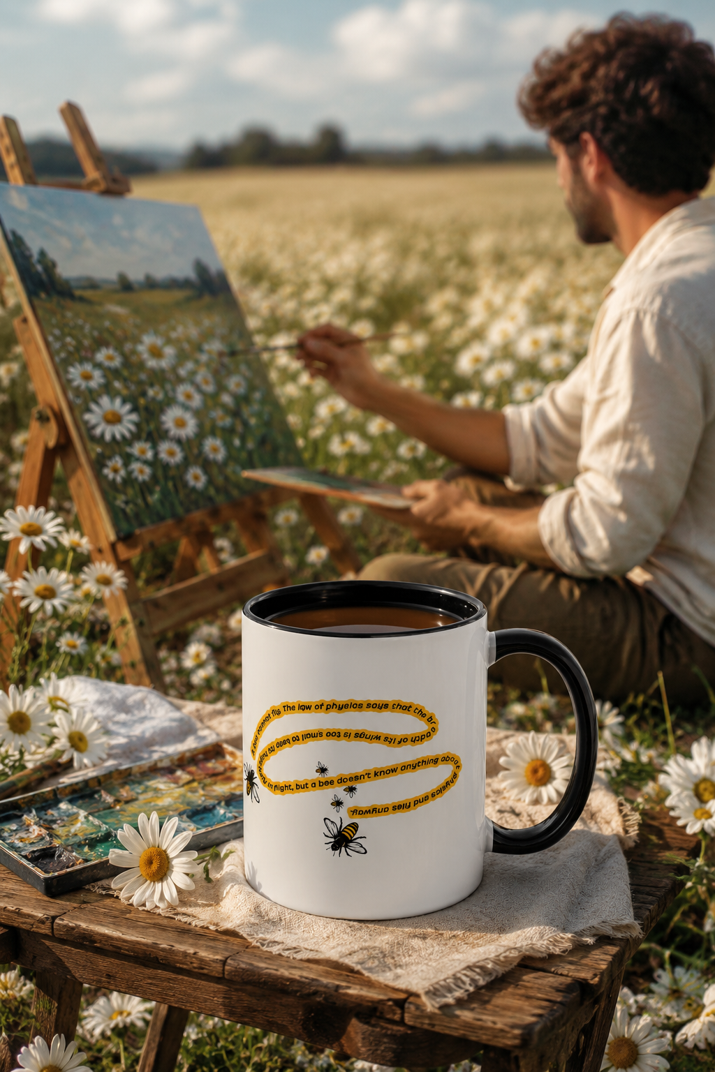 Bee physics quote mug beside an artist painting in a large daisy field