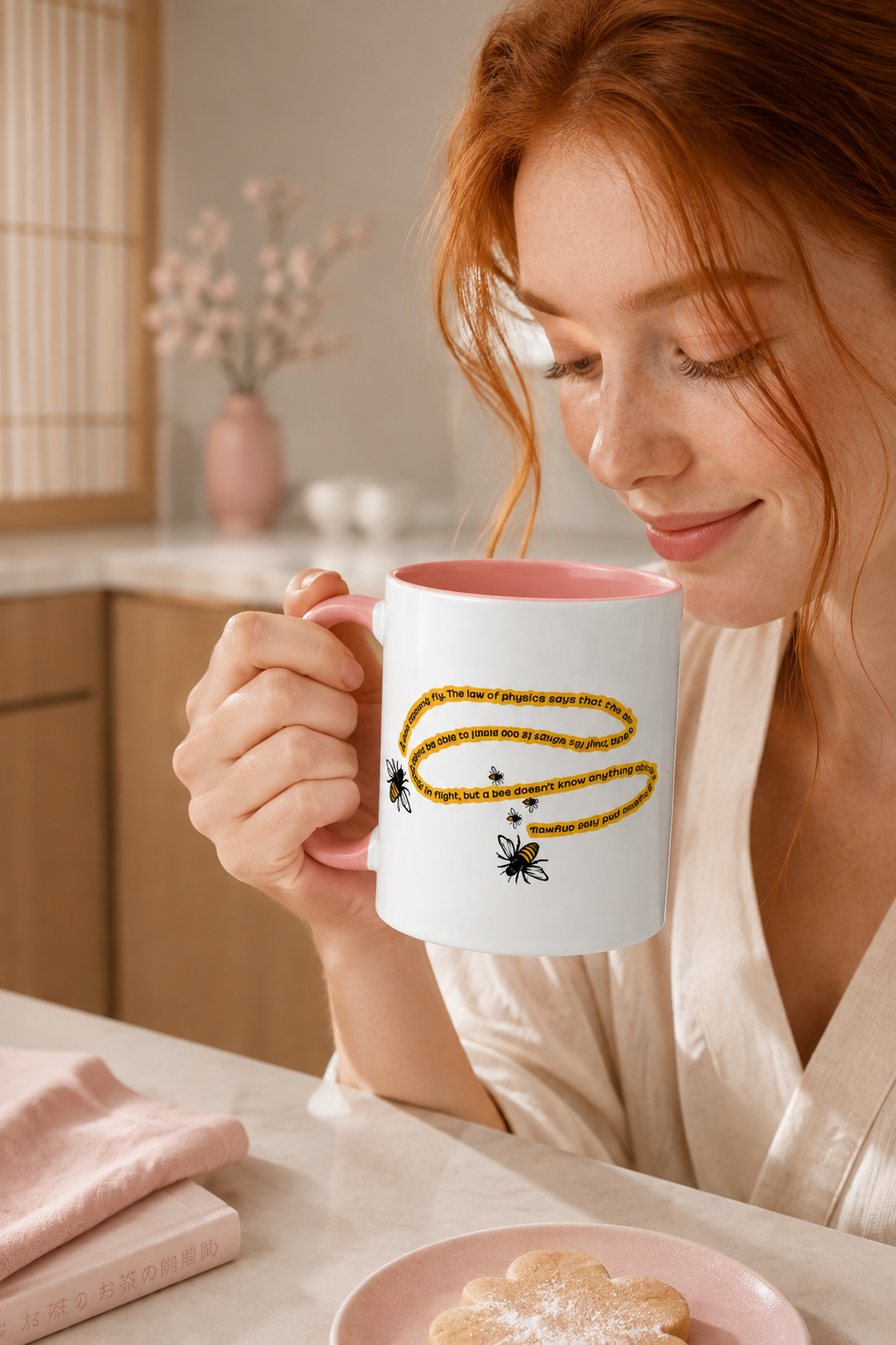 Red-haired woman holding pink accent bee physics quote mug in a pastel kitchen