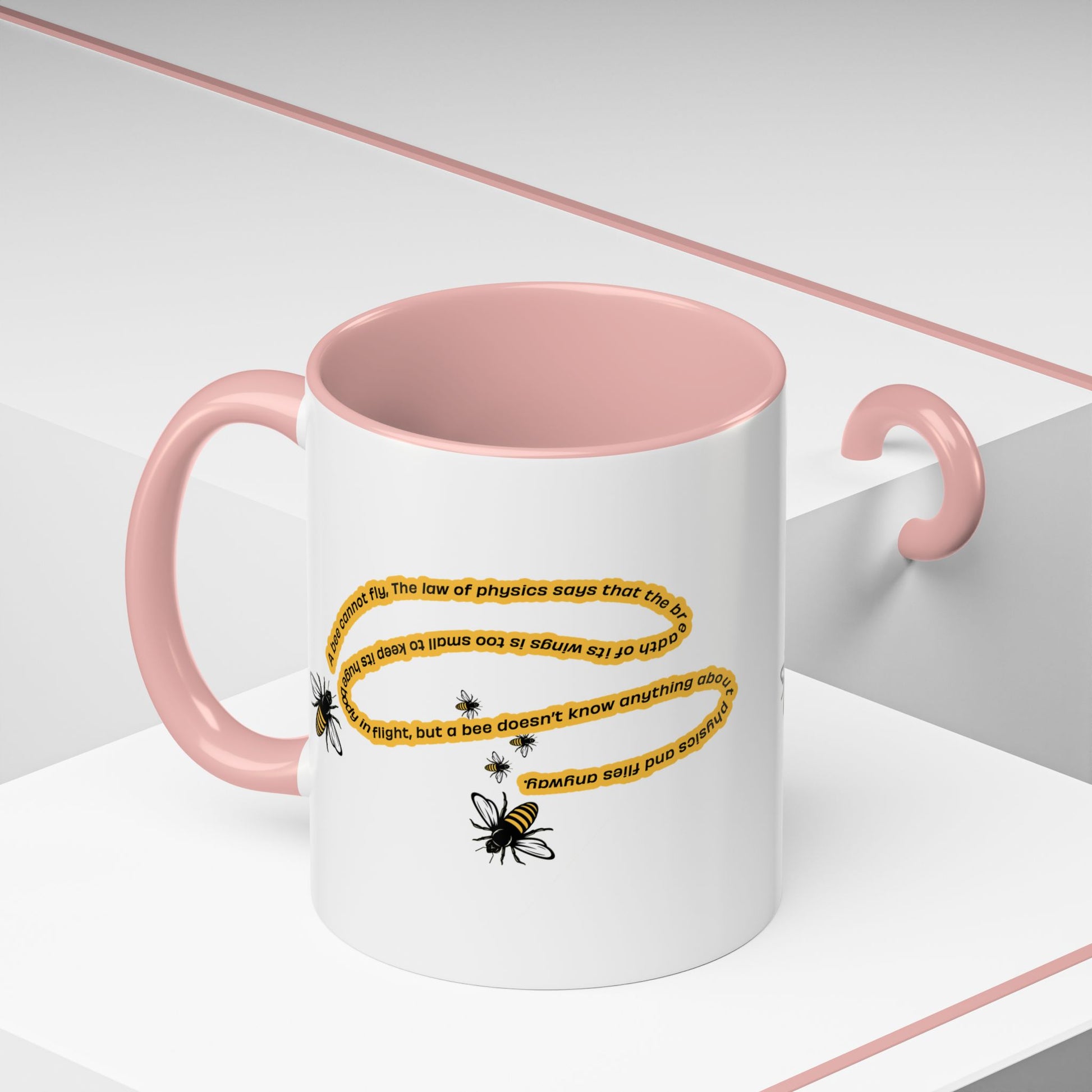 Pink handle bee physics quote mug in a modern white and blush setting
