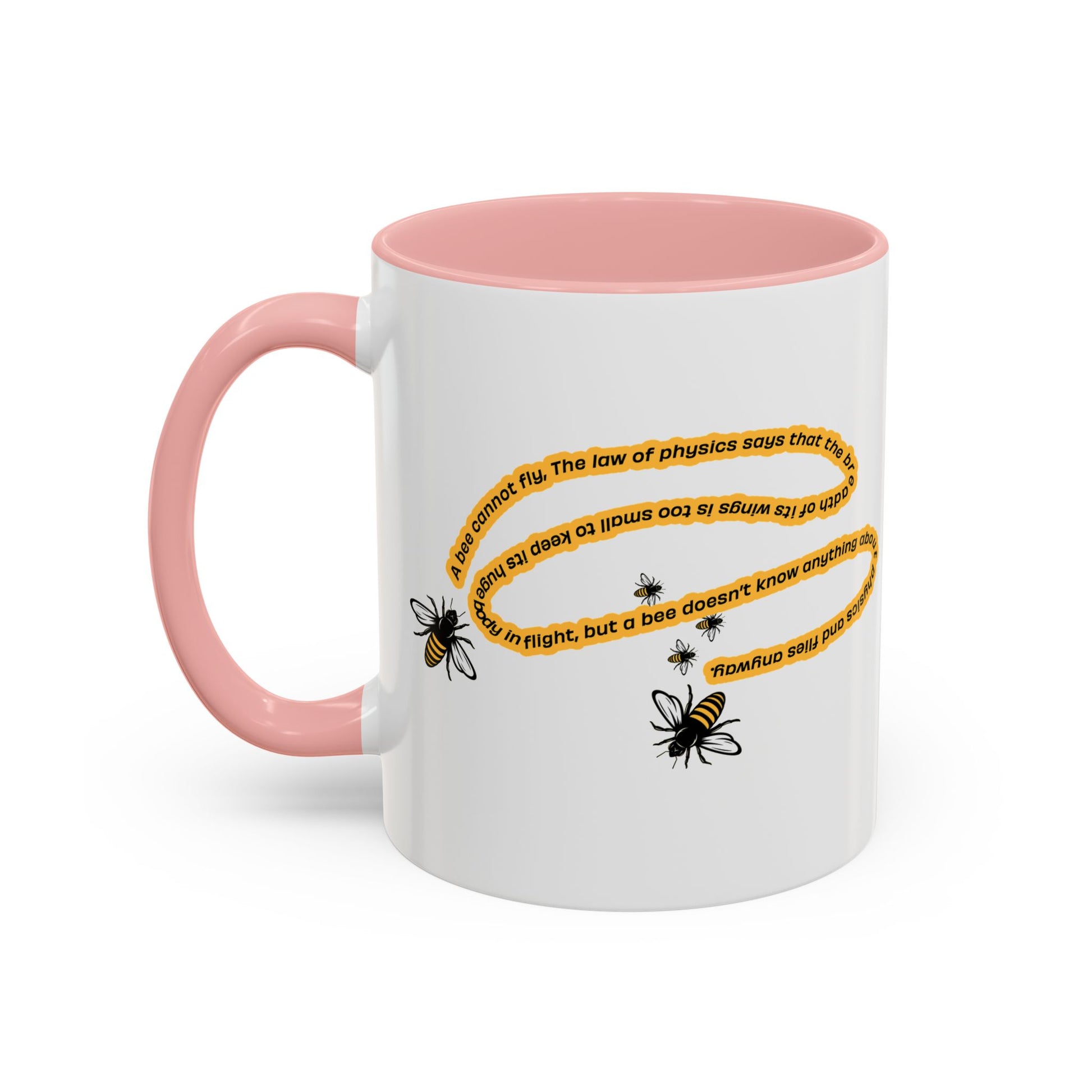 White bee physics quote coffee mug with pink handle, rim and interior