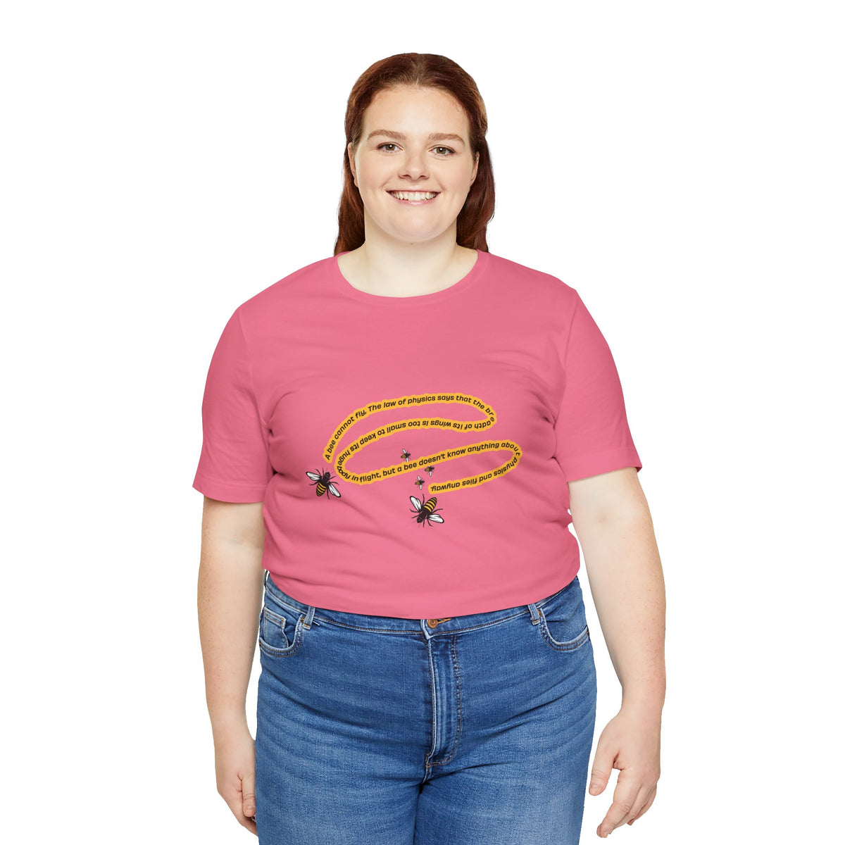 Woman wearing Charity Pink bee physics quote graphic T-shirt