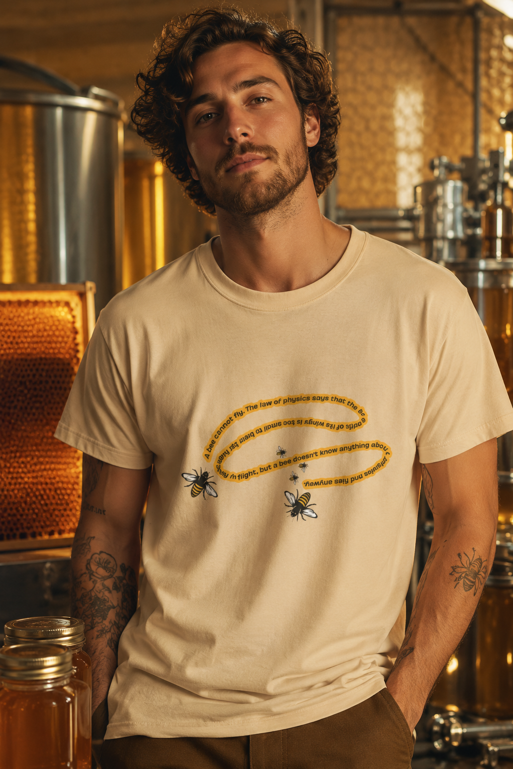 Male model wearing soft cream bee physics quote T-shirt in a honey factory