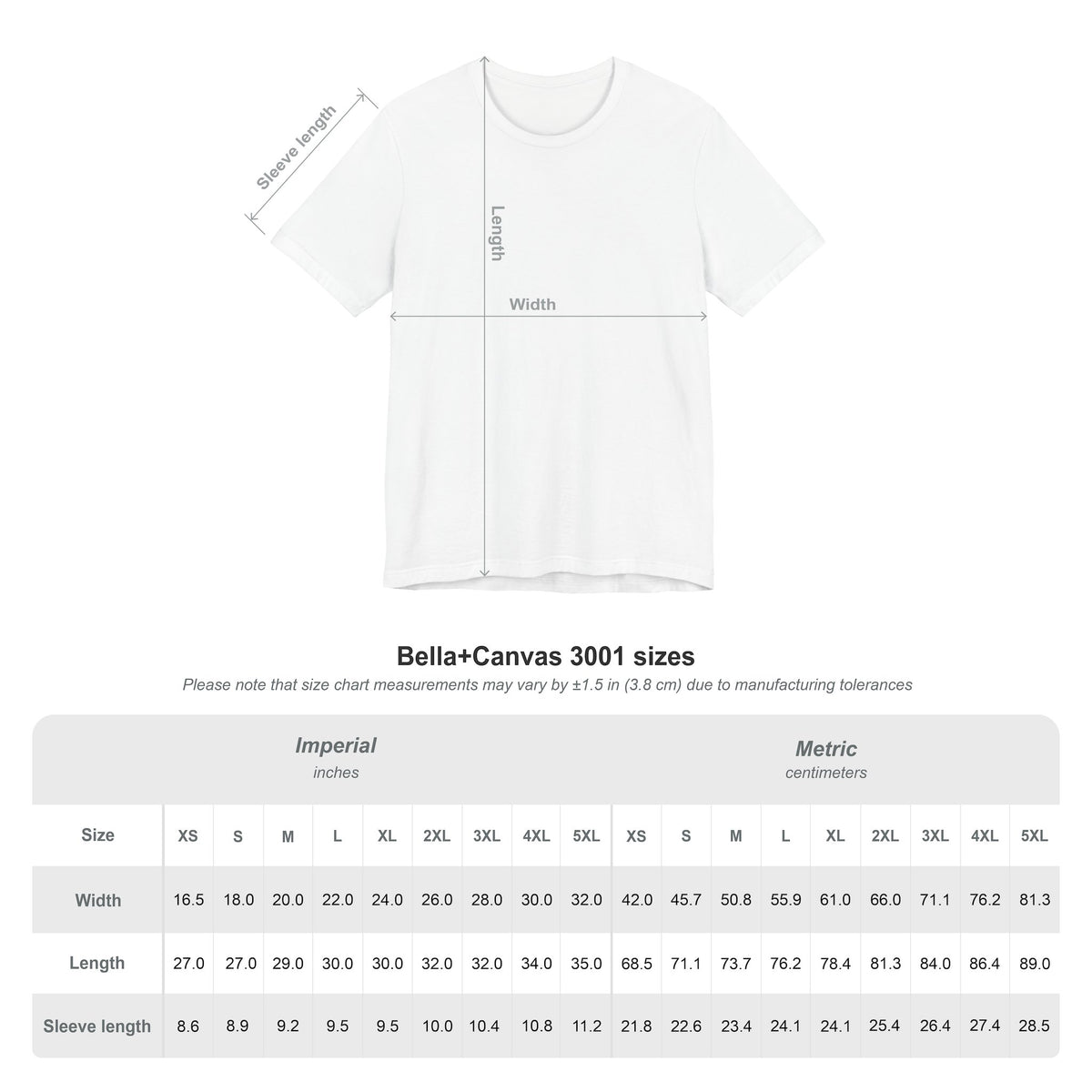 Size chart for Inspirational Bee Quote T-Shirt