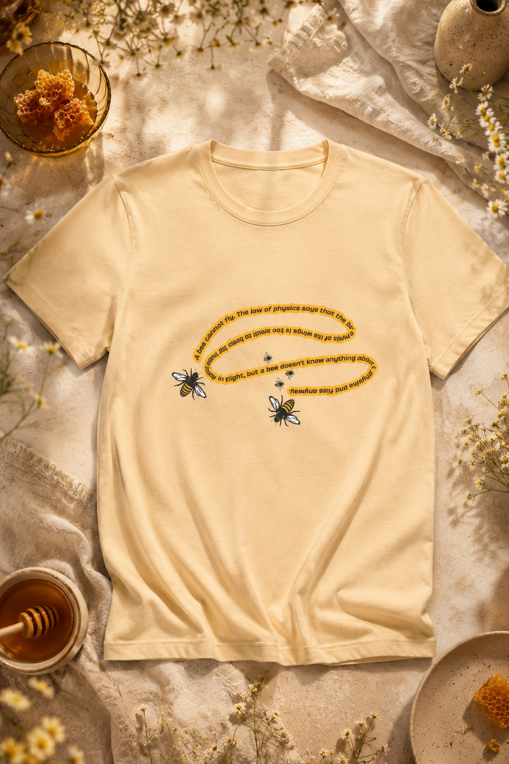 Soft cream bee physics quote T-shirt flat lay with honeycomb and flowers