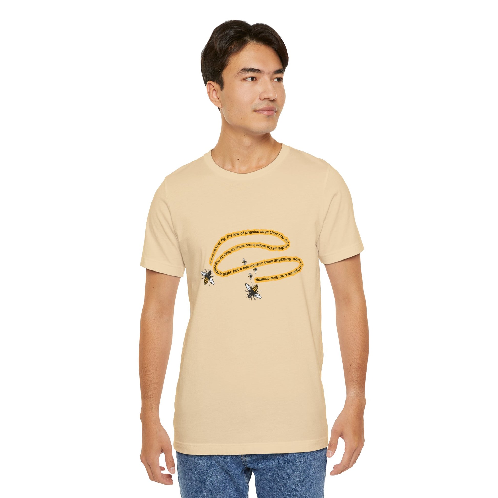 Male model wearing soft cream inspirational bee graphic T-shirt