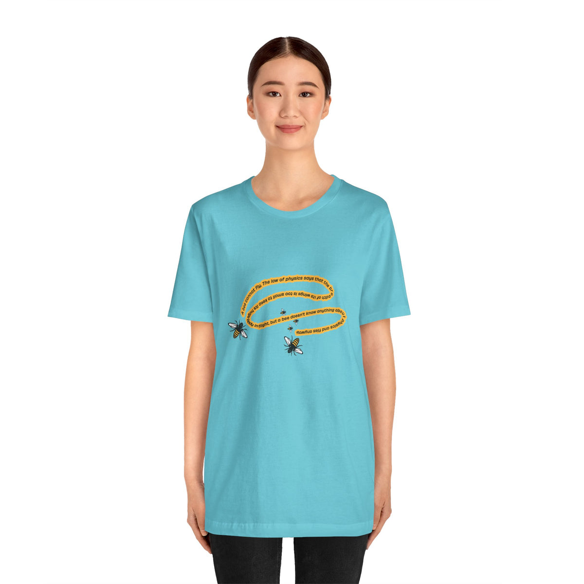 Woman wearing turquoise inspirational bee physics graphic T-shirt