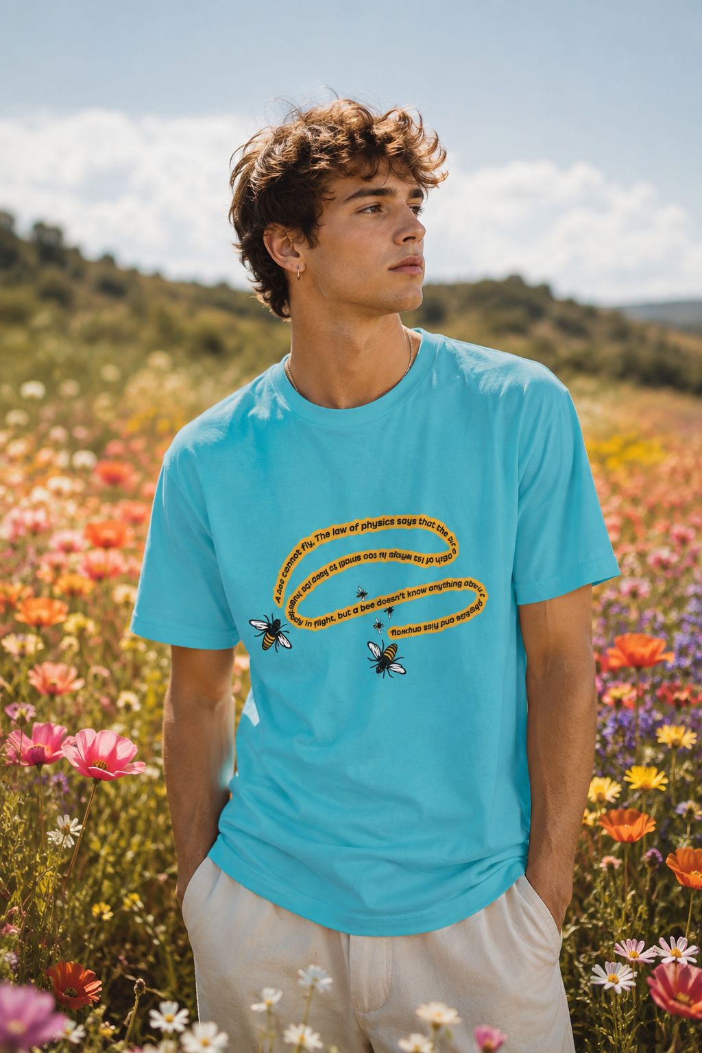 Gen Z male wearing turquoise bee quote T-shirt in a colorful wildflower meadow