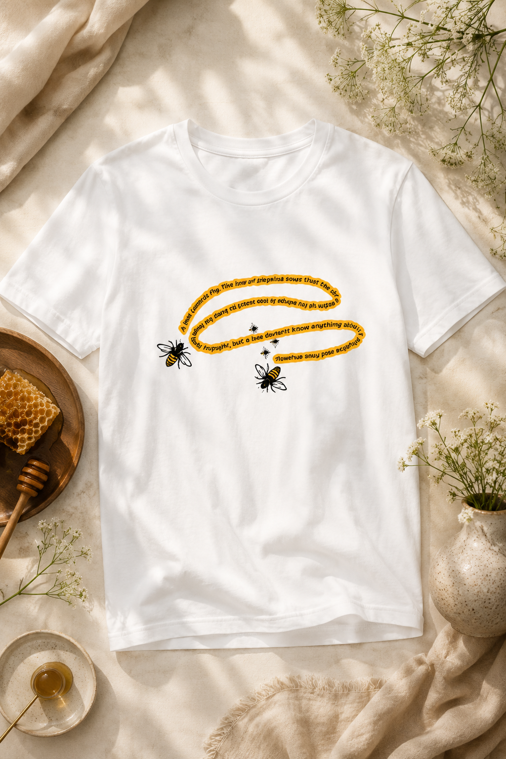 White bee physics quote T-shirt flat lay styled with honey and wildflowers