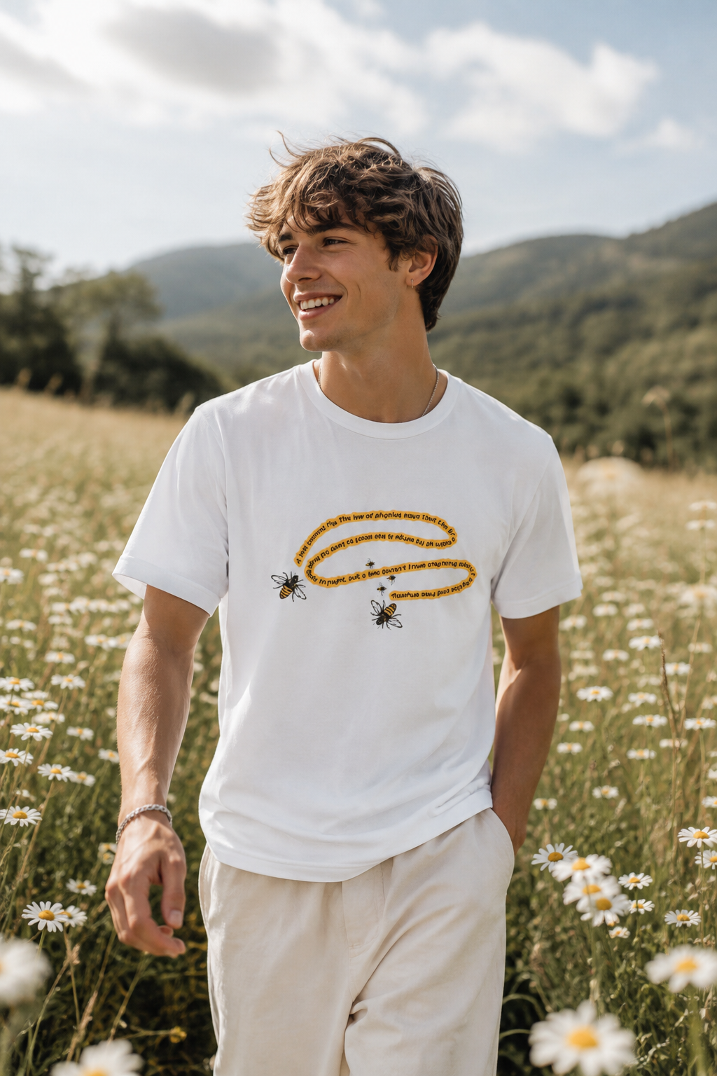 Male model wearing white bee physics quote T-shirt in a wildflower meadow