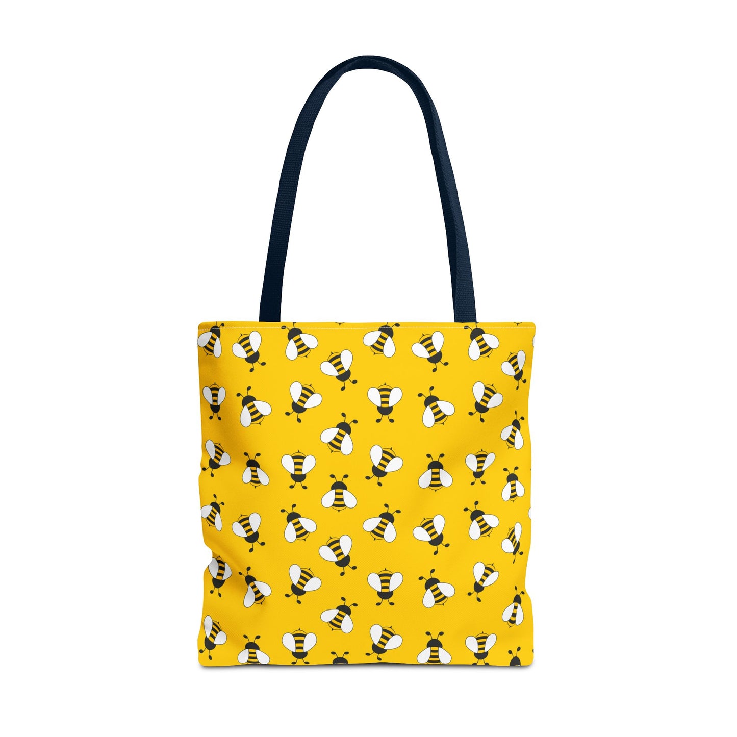 Yellow bee print tote bag with navy handles on white background