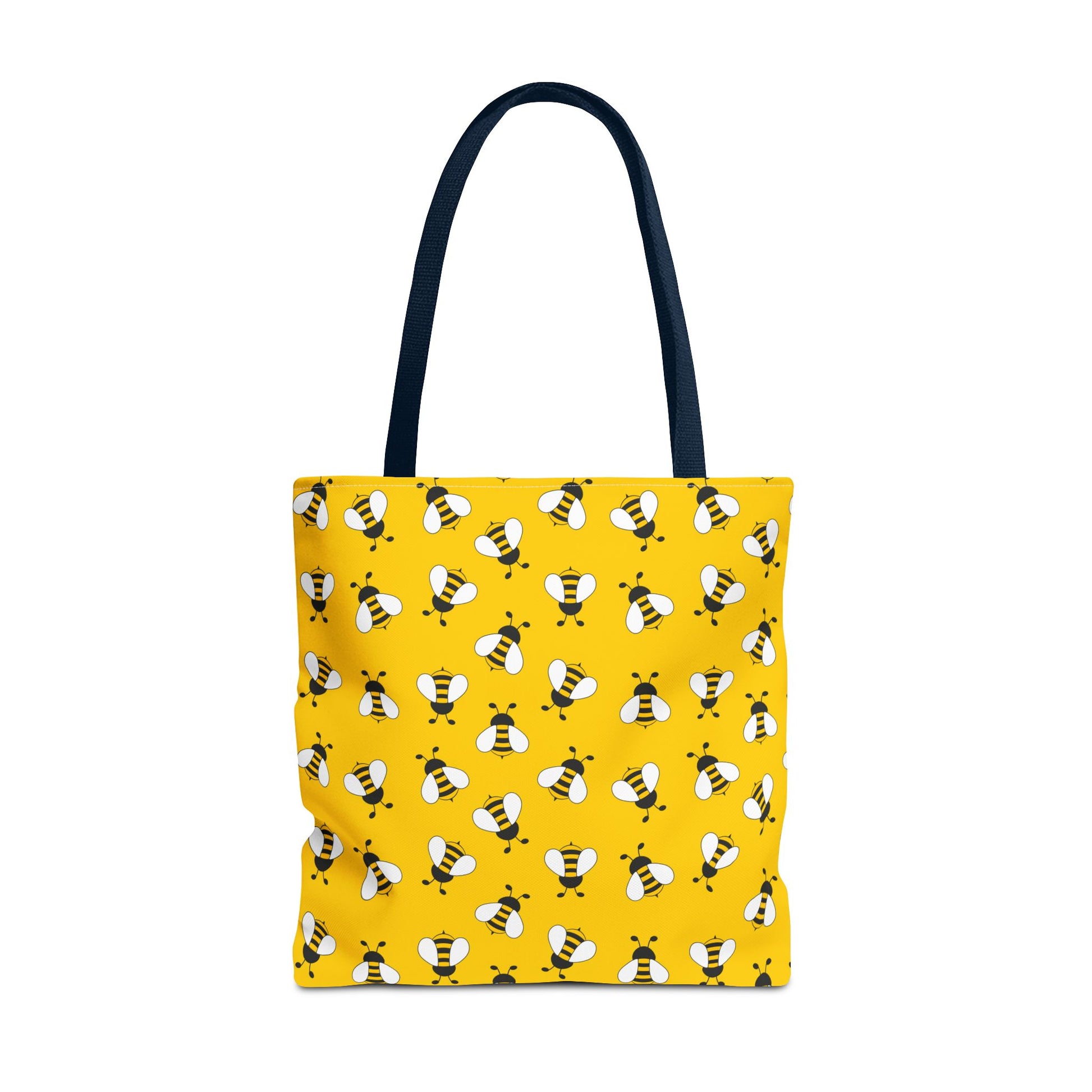 Yellow bee print tote bag with navy handles on white background