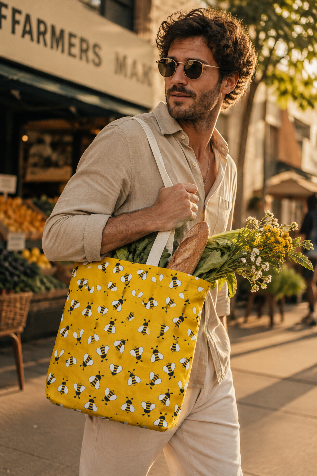 Man carrying a yellow bumblebee tote bag at a farmers market