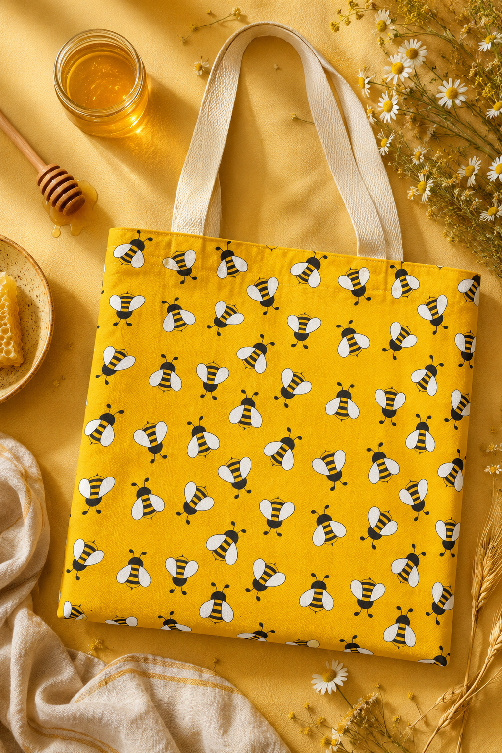 Yellow bee tote bag with bumblebee print styled in a honey-themed flat lay