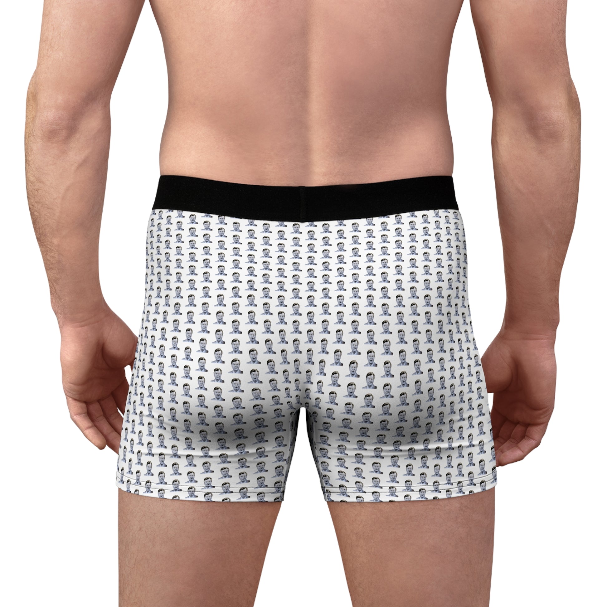 Male model wearing Benny Hill men’s boxer briefs with repeating portrait print, back view