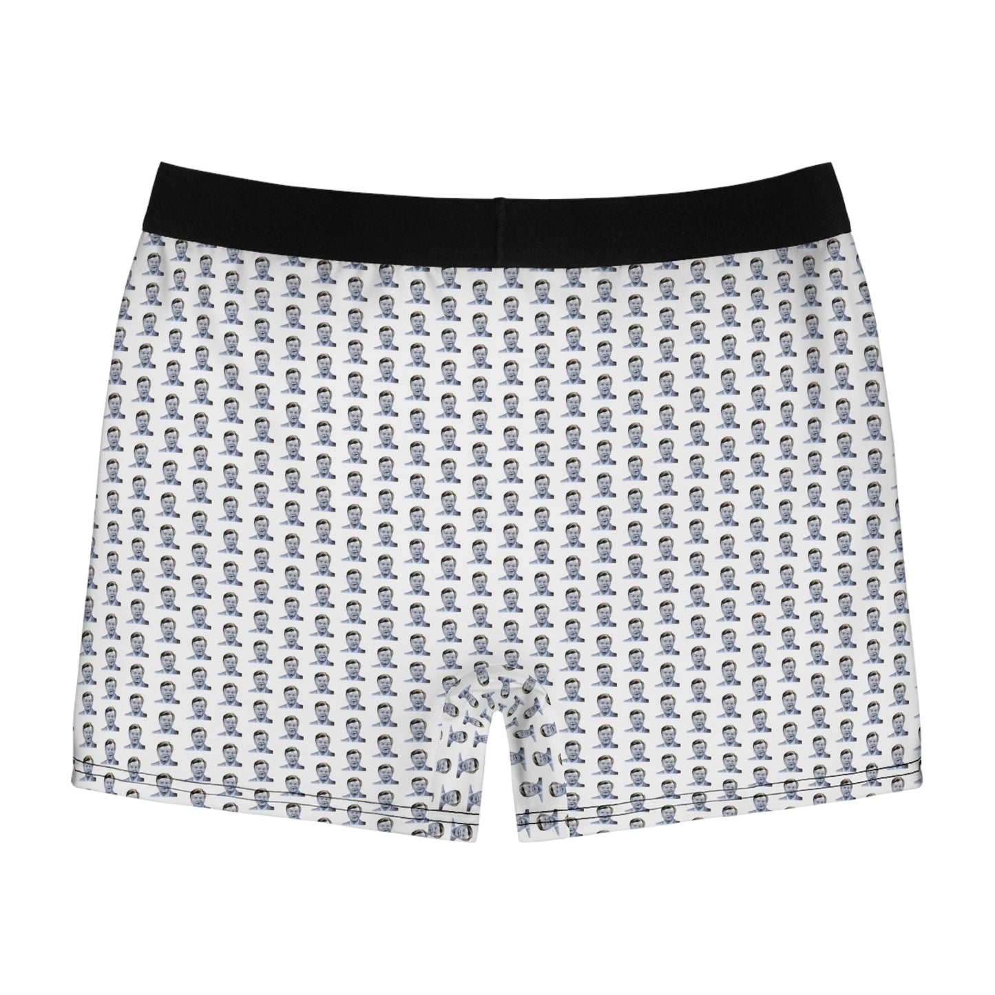 Back view of Benny Hill men’s boxer briefs with repeating vintage comedy portrait print
