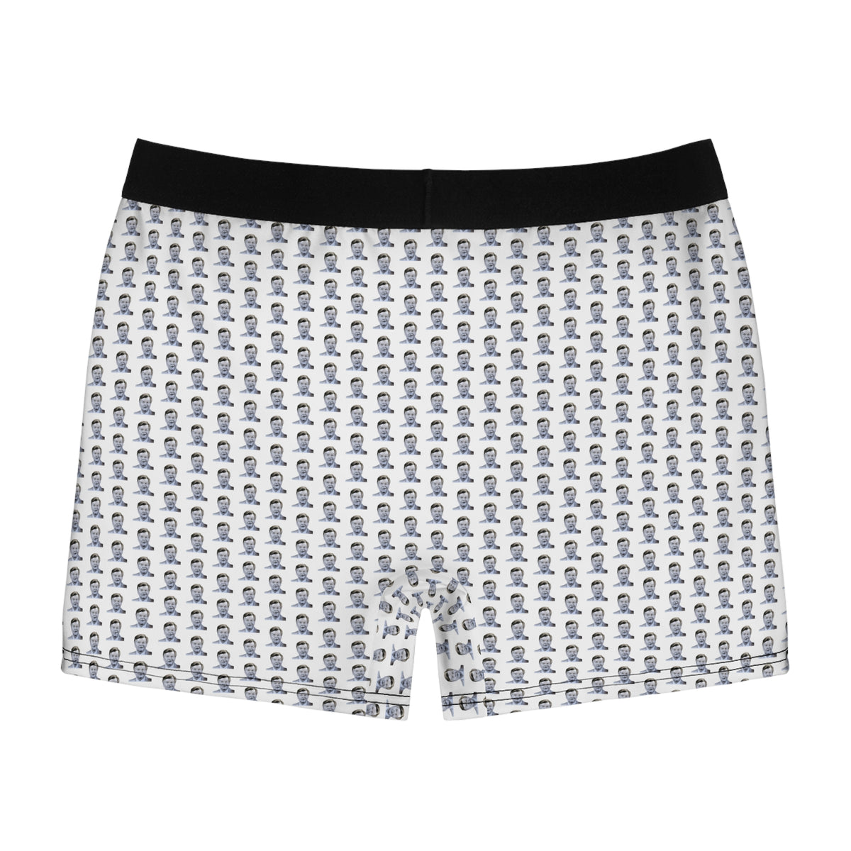 Back view of Benny Hill men’s boxer briefs with repeating vintage comedy portrait print
