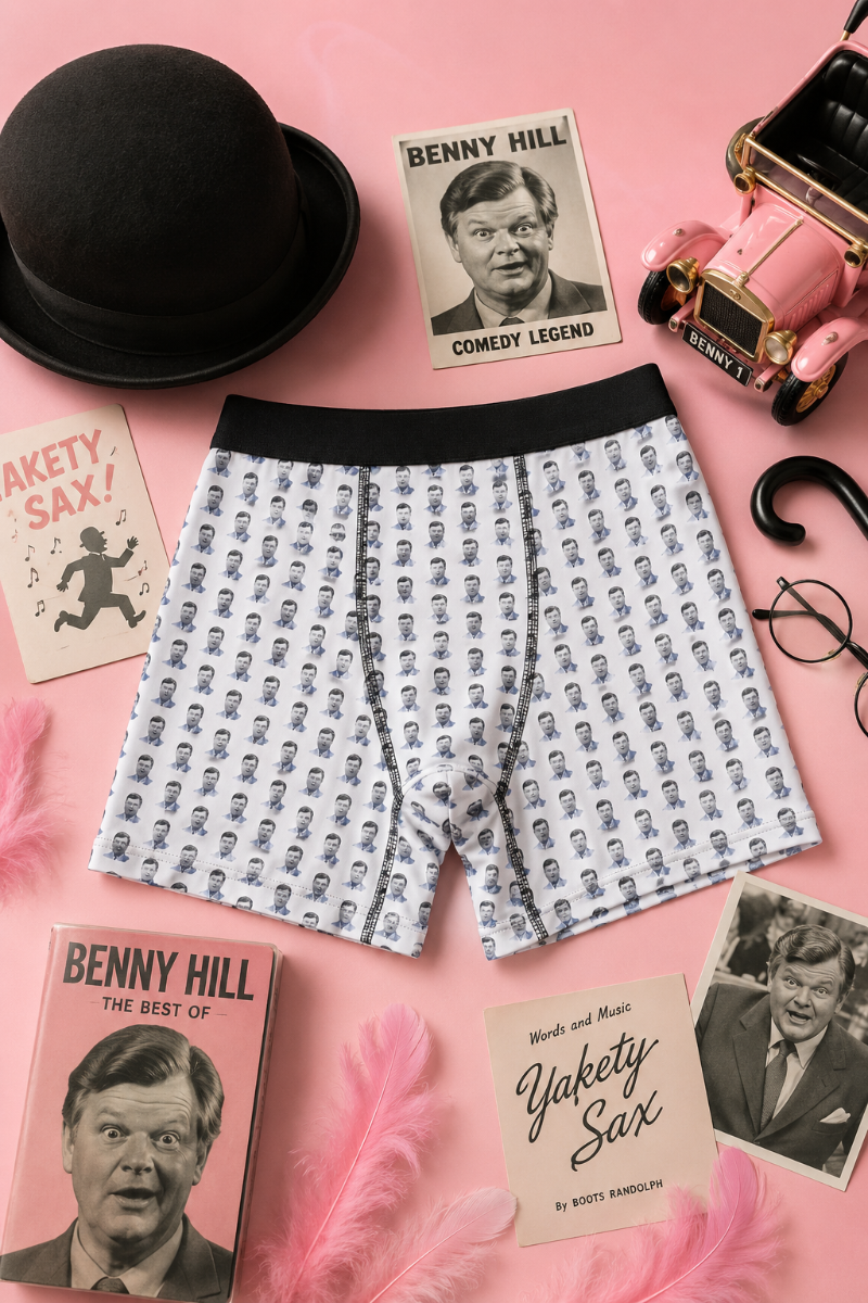 Benny Hill men’s boxer briefs in a pink vintage comedy flat lay with repeating portrait print and black waistband