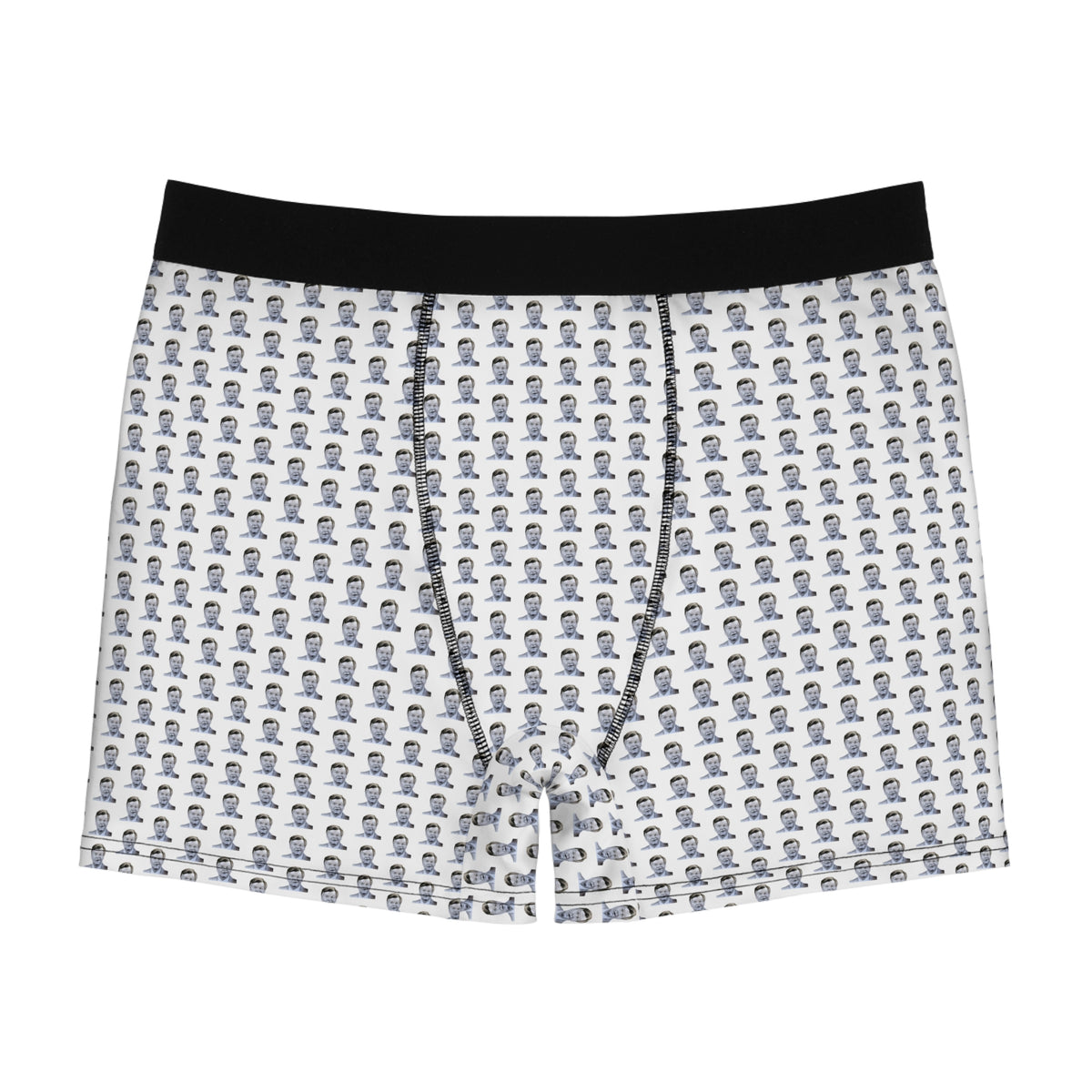 Front view of Benny Hill men’s boxer briefs with repeating black-and-white portrait pattern and black waistband