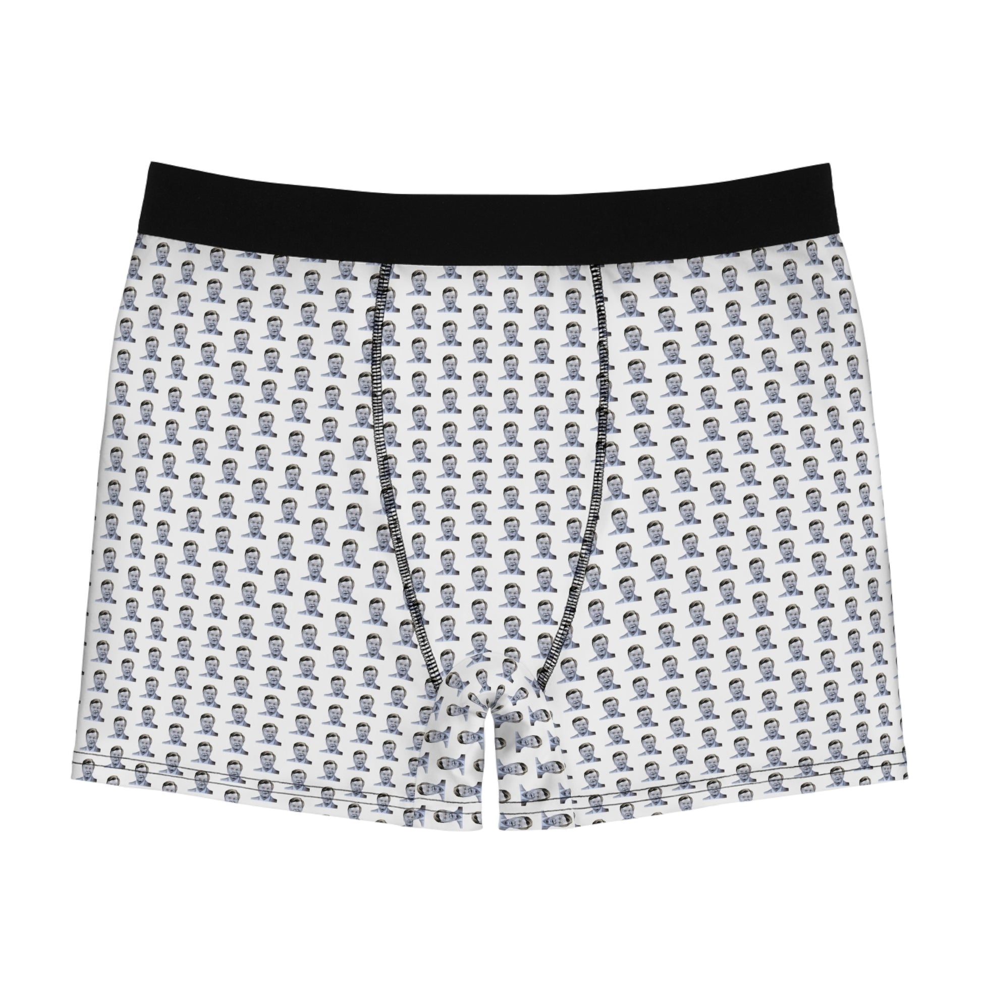 Front view of Benny Hill men’s boxer briefs with repeating black-and-white portrait pattern and black waistband