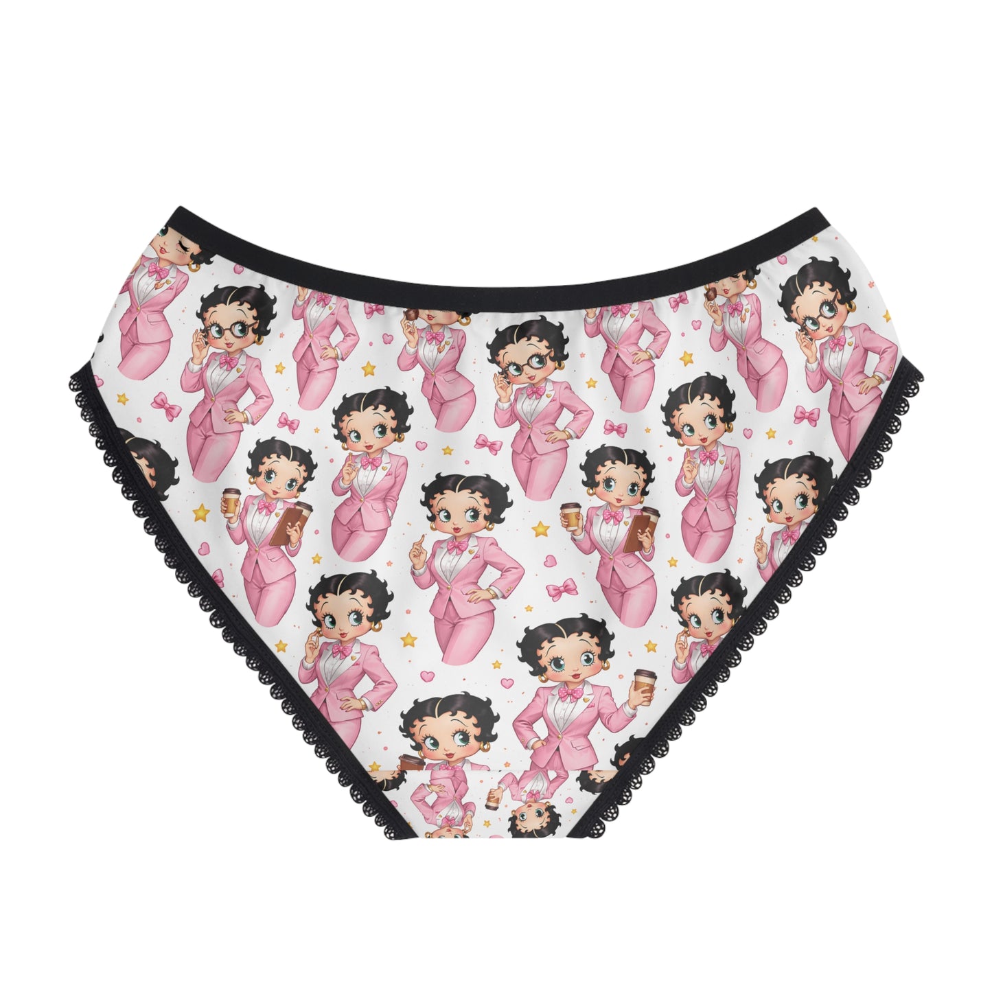 Back view of Betty Boop women’s panties with all-over pink character print and black lace edging