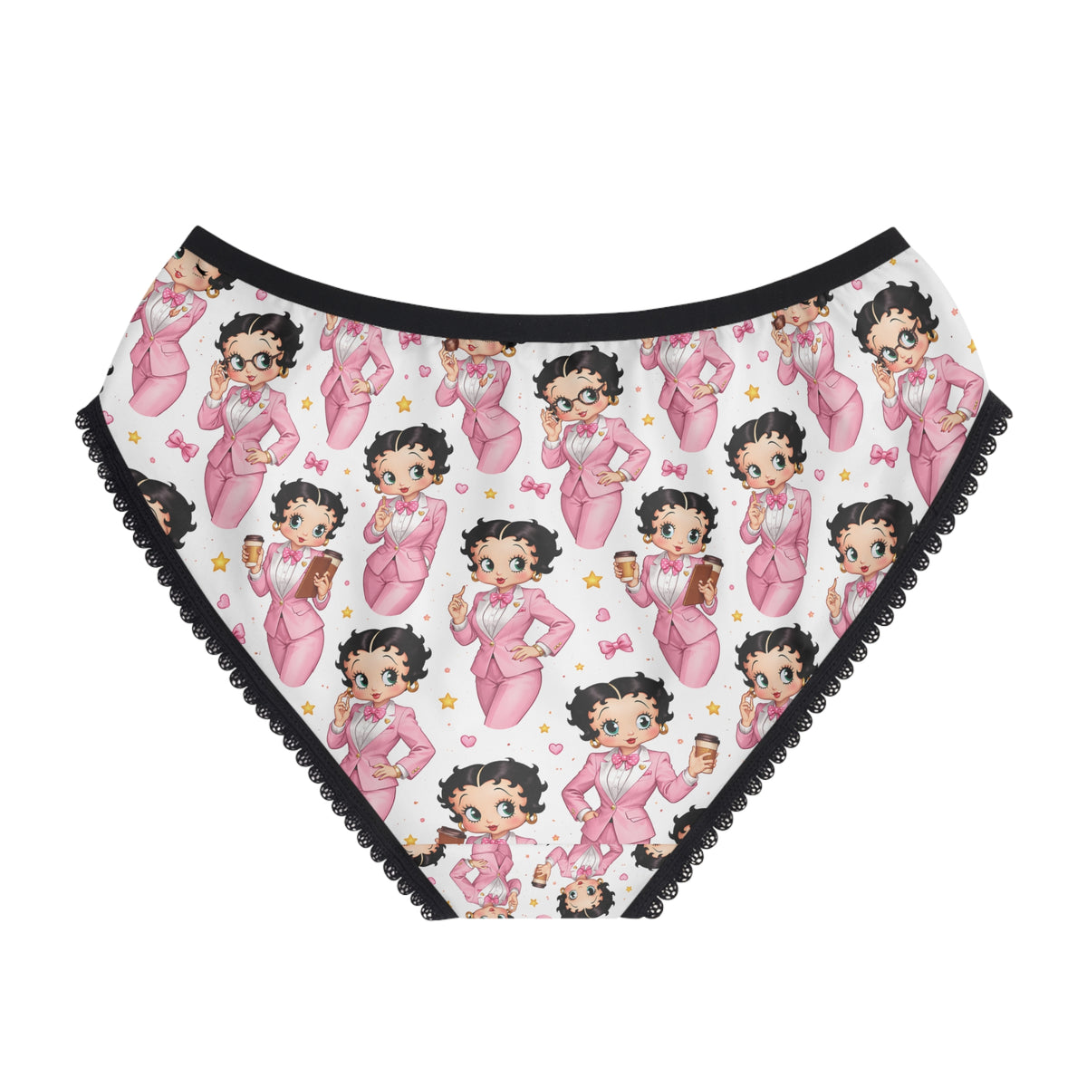 Back view of Betty Boop women’s panties with all-over pink character print and black lace edging