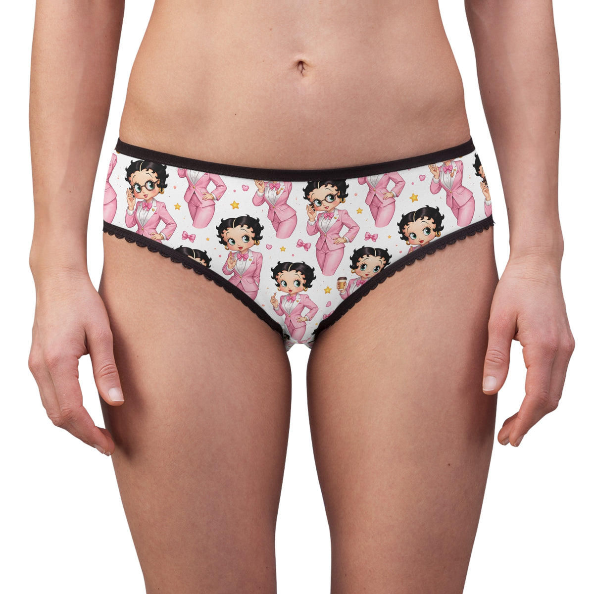 Front view of model wearing Betty Boop pink print women’s briefs with black waistband and lace trim