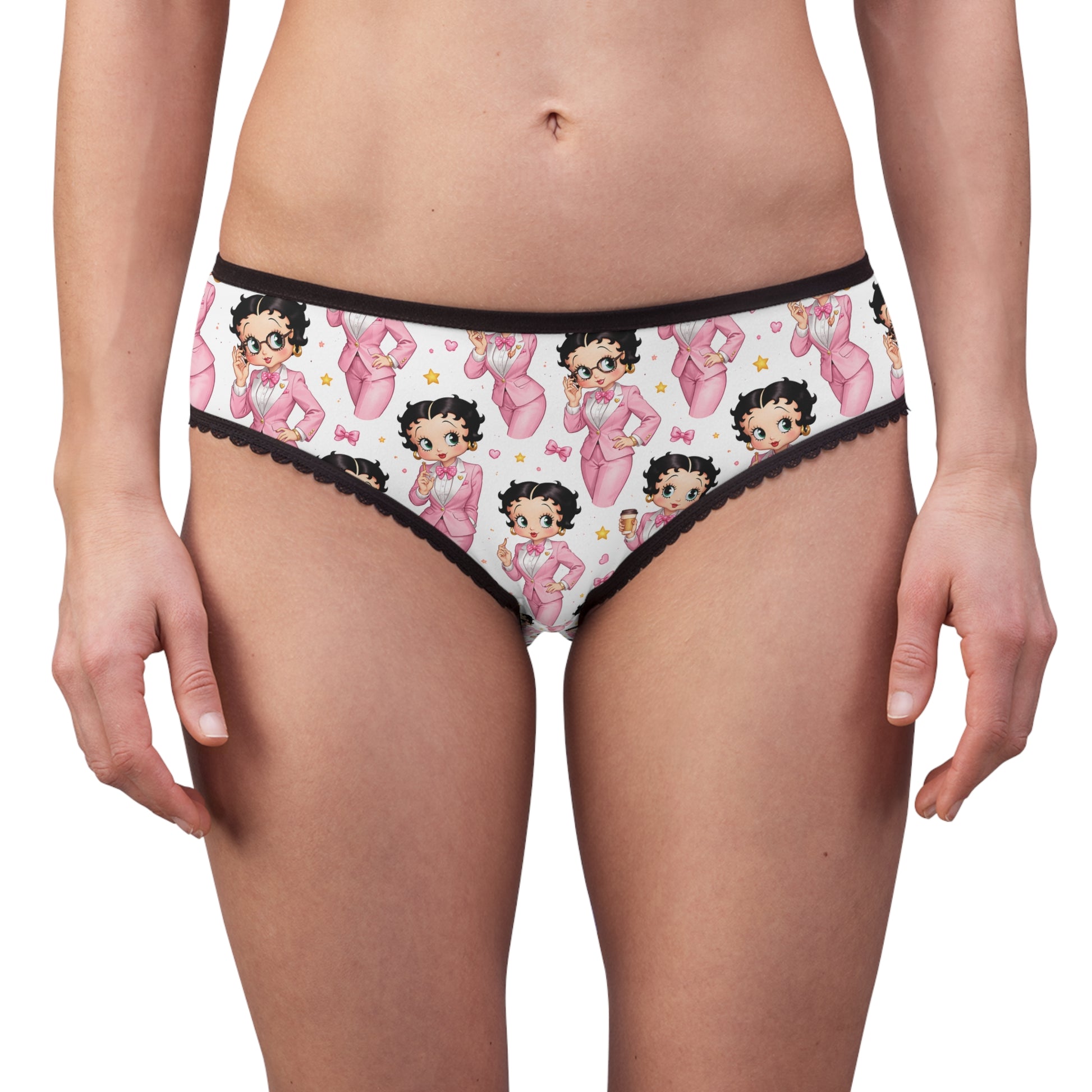 Front view of model wearing Betty Boop pink print women’s briefs with black waistband and lace trim