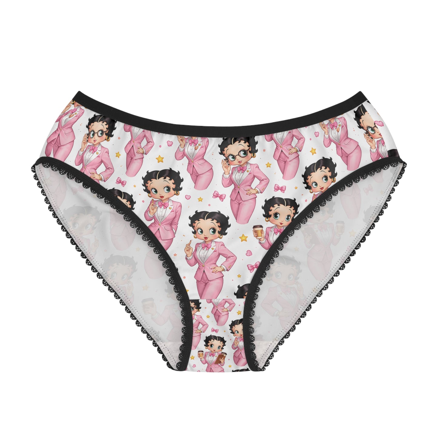 Front view of Betty Boop women’s briefs featuring pink suit character artwork and black lace trim
