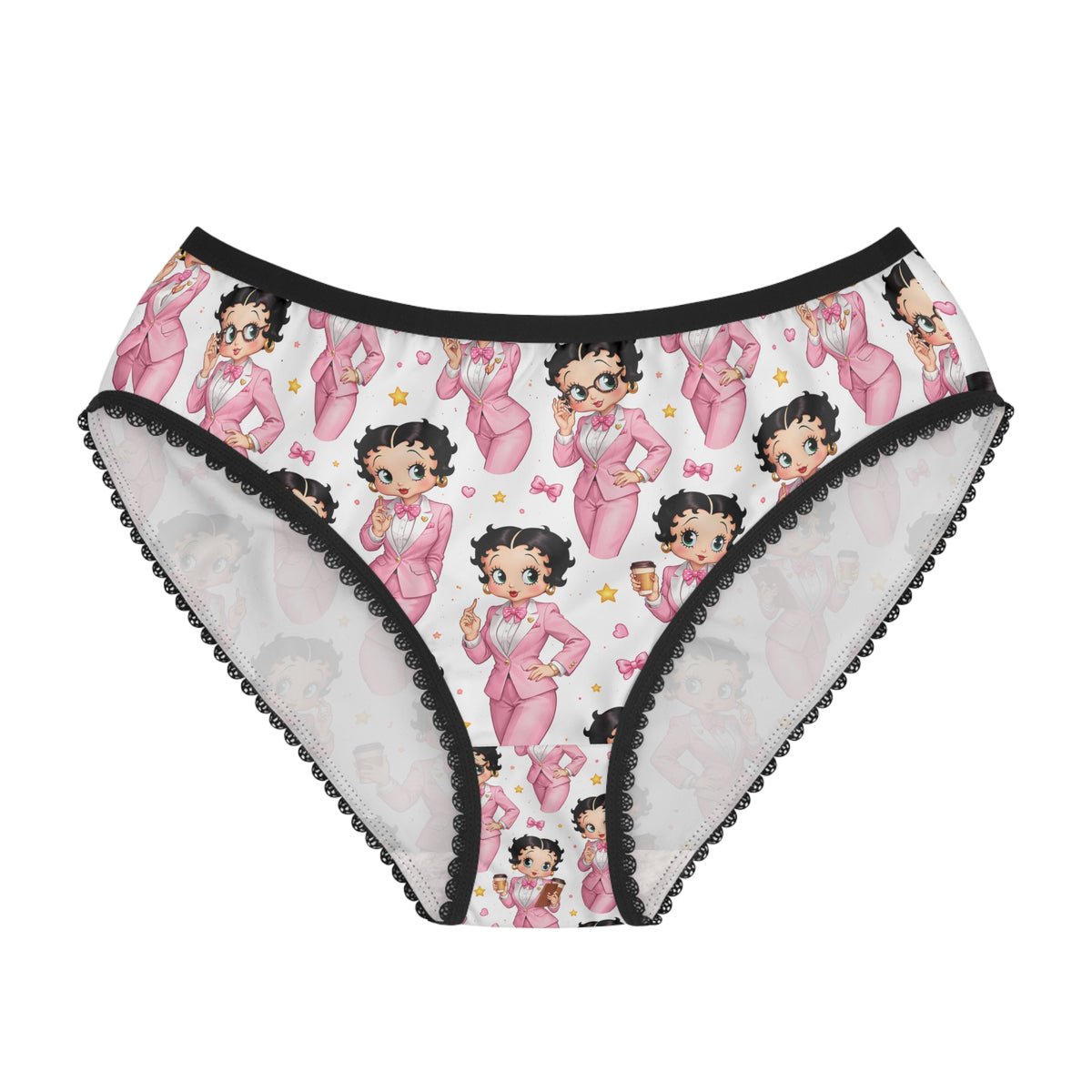 Front view of Betty Boop women’s briefs featuring pink suit character artwork and black lace trim