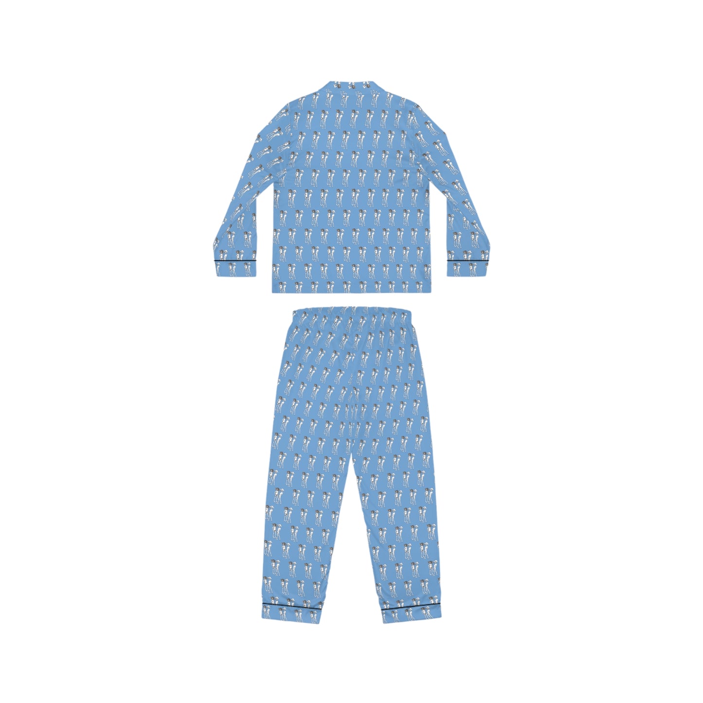 Back view of Bikini Nenas women's satin pajama set featuring blue all-over print and relaxed sleepwear fit.