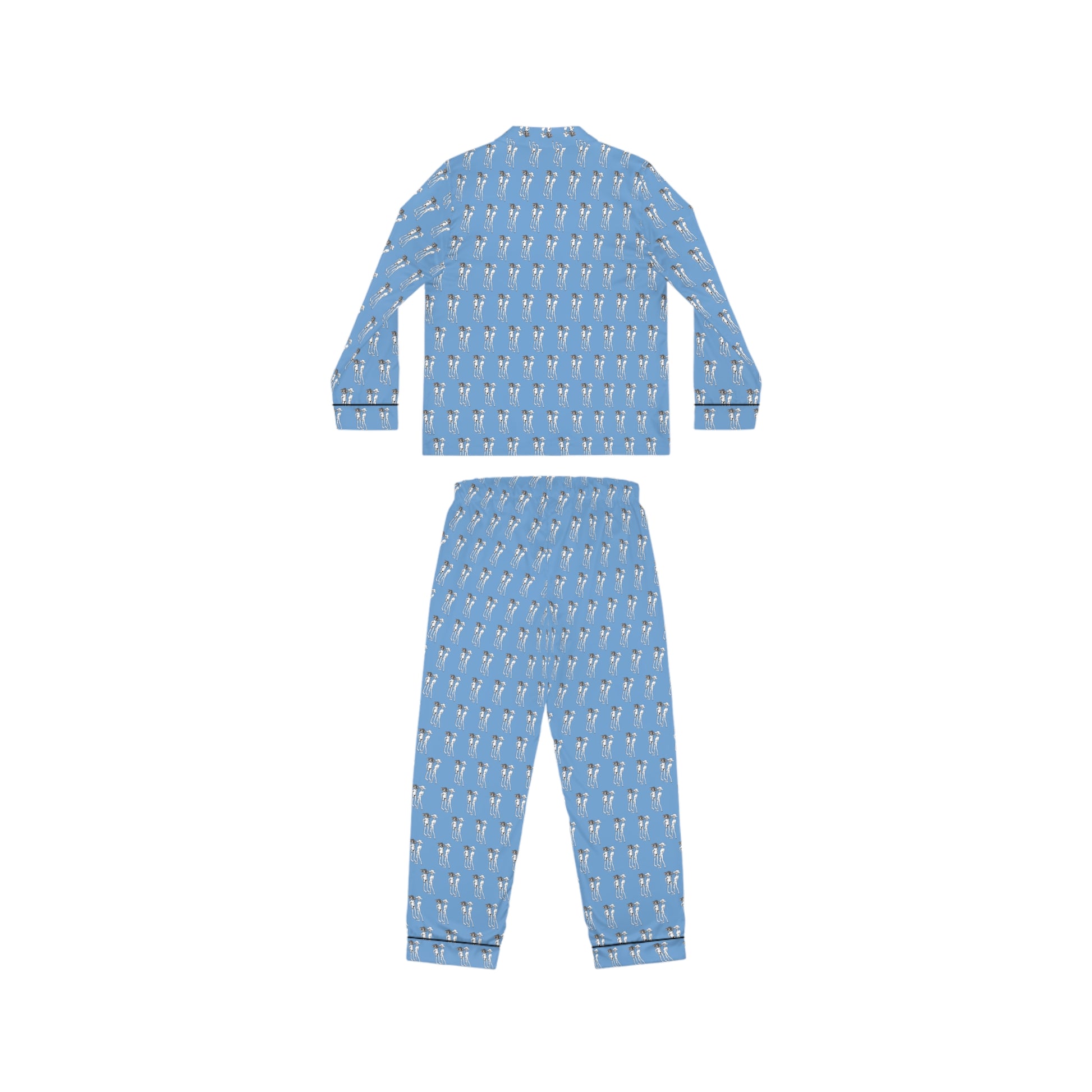 Back view of Bikini Nenas women's satin pajama set featuring blue all-over print and relaxed sleepwear fit.