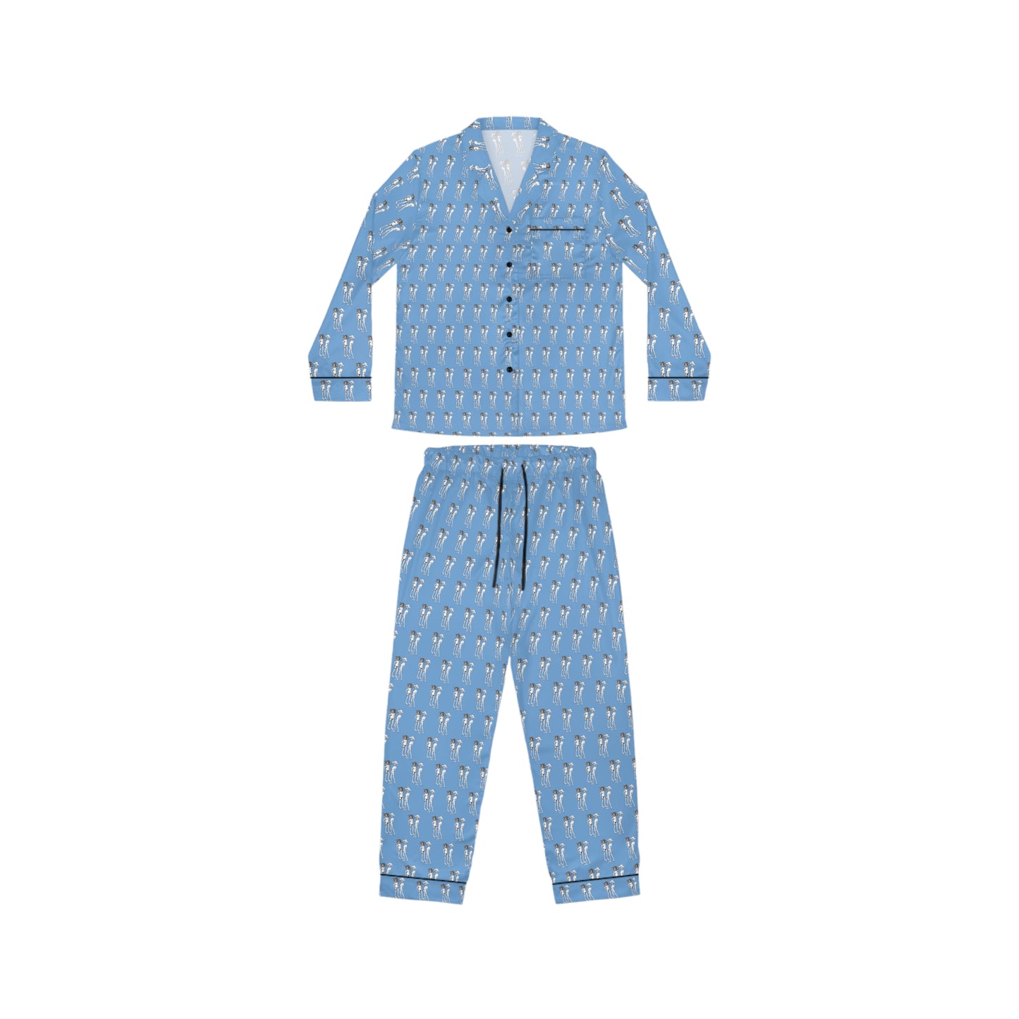 Front view of Bikini Nenas women's satin pajama set with button-down top, matching pants, and original blue artistic print.