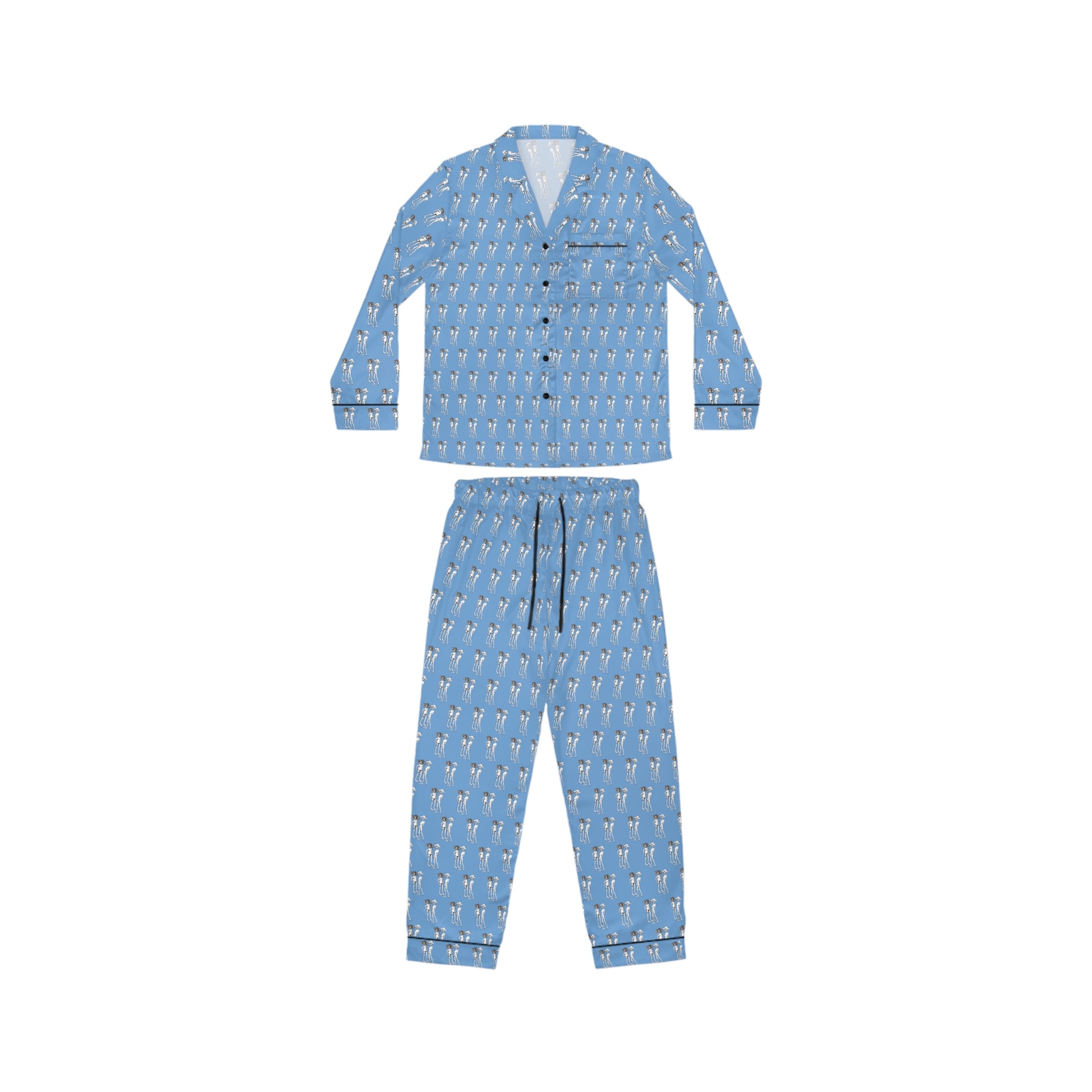 Front view of Bikini Nenas women's satin pajama set with button-down top, matching pants, and original blue artistic print.