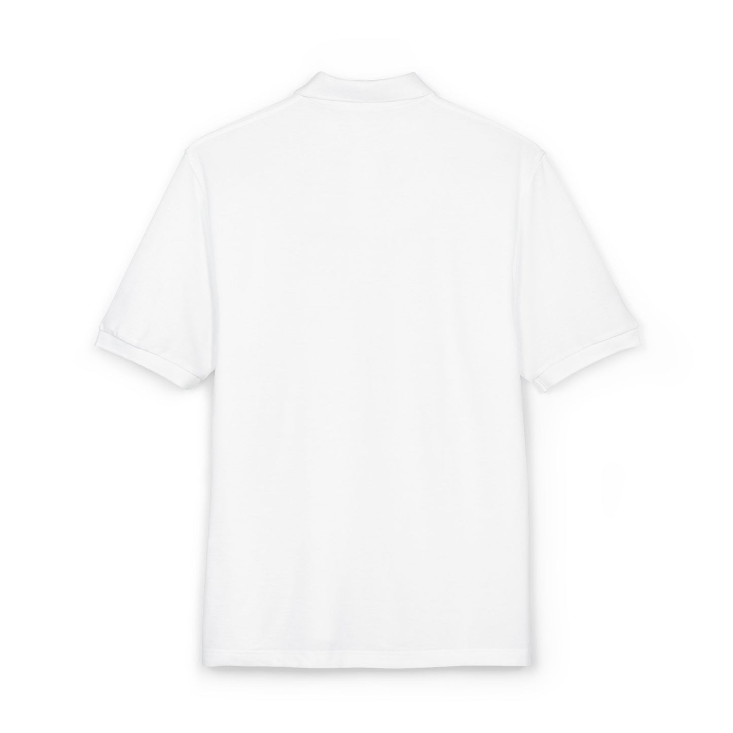 back view white unisex polo shirt clean minimalist design no print Bill Harford M.D embroidered front garment