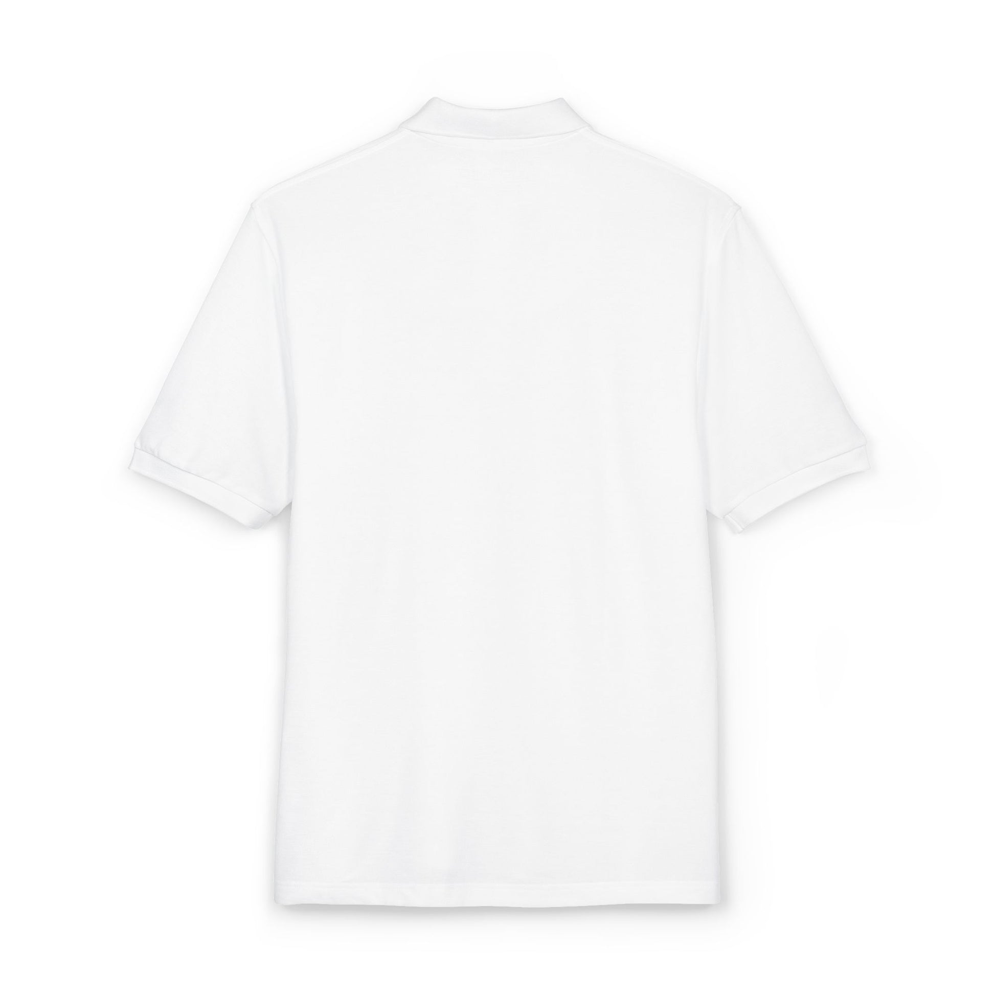 back view white unisex polo shirt clean minimalist design no print Bill Harford M.D embroidered front garment