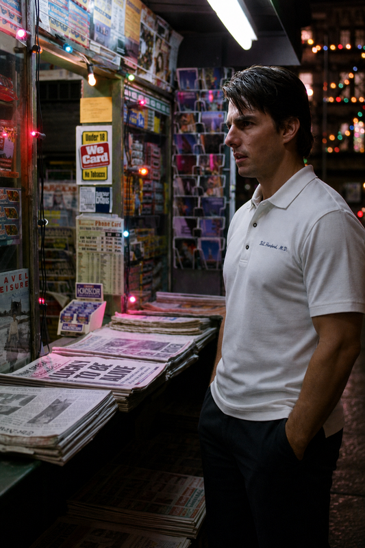 Bill Harford M.D embroidered white polo shirt inspired by Eyes Wide Shut worn in cinematic New York street scene at night