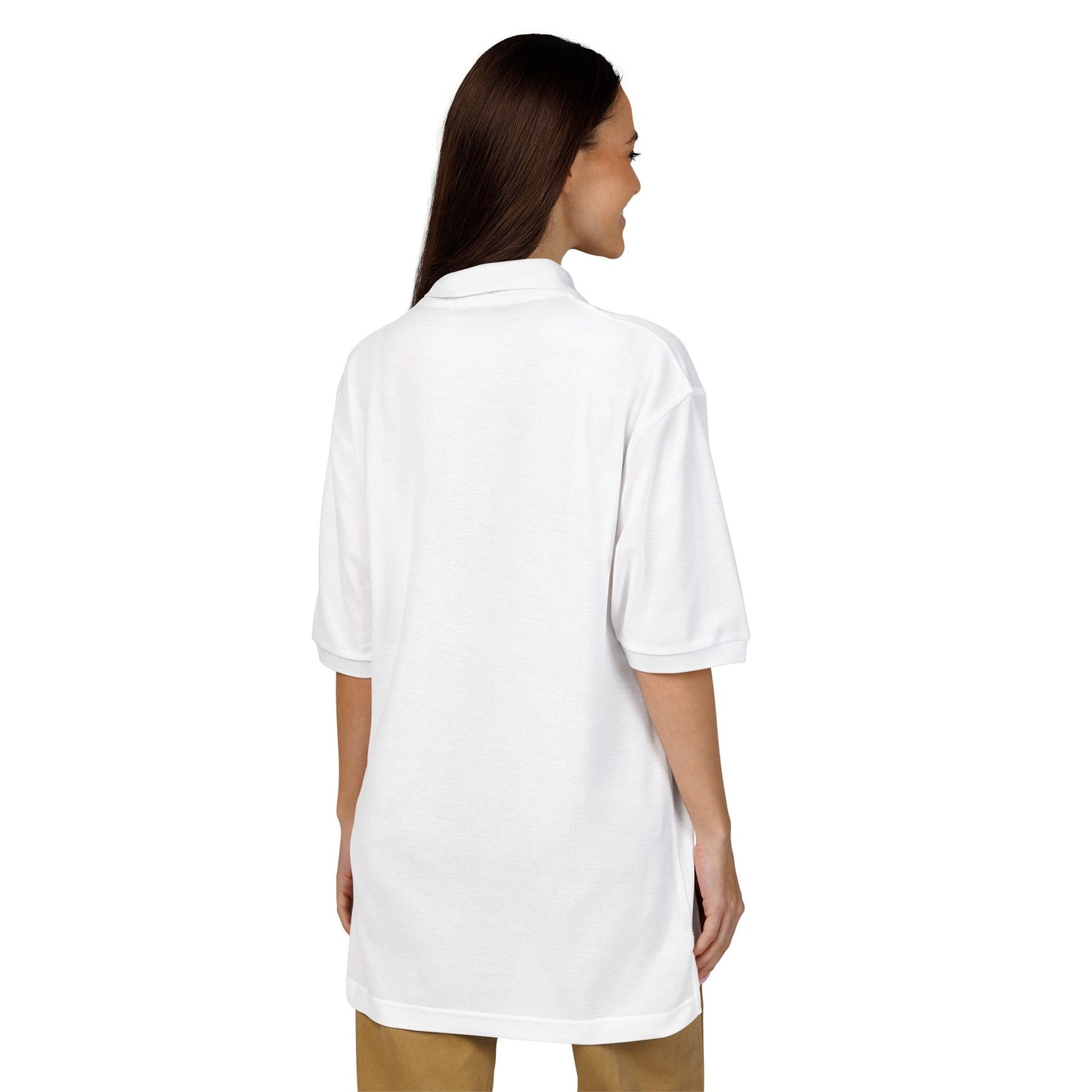 female model side and back view white embroidered polo shirt relaxed fit minimalist Eyes Wide Shut inspired apparel