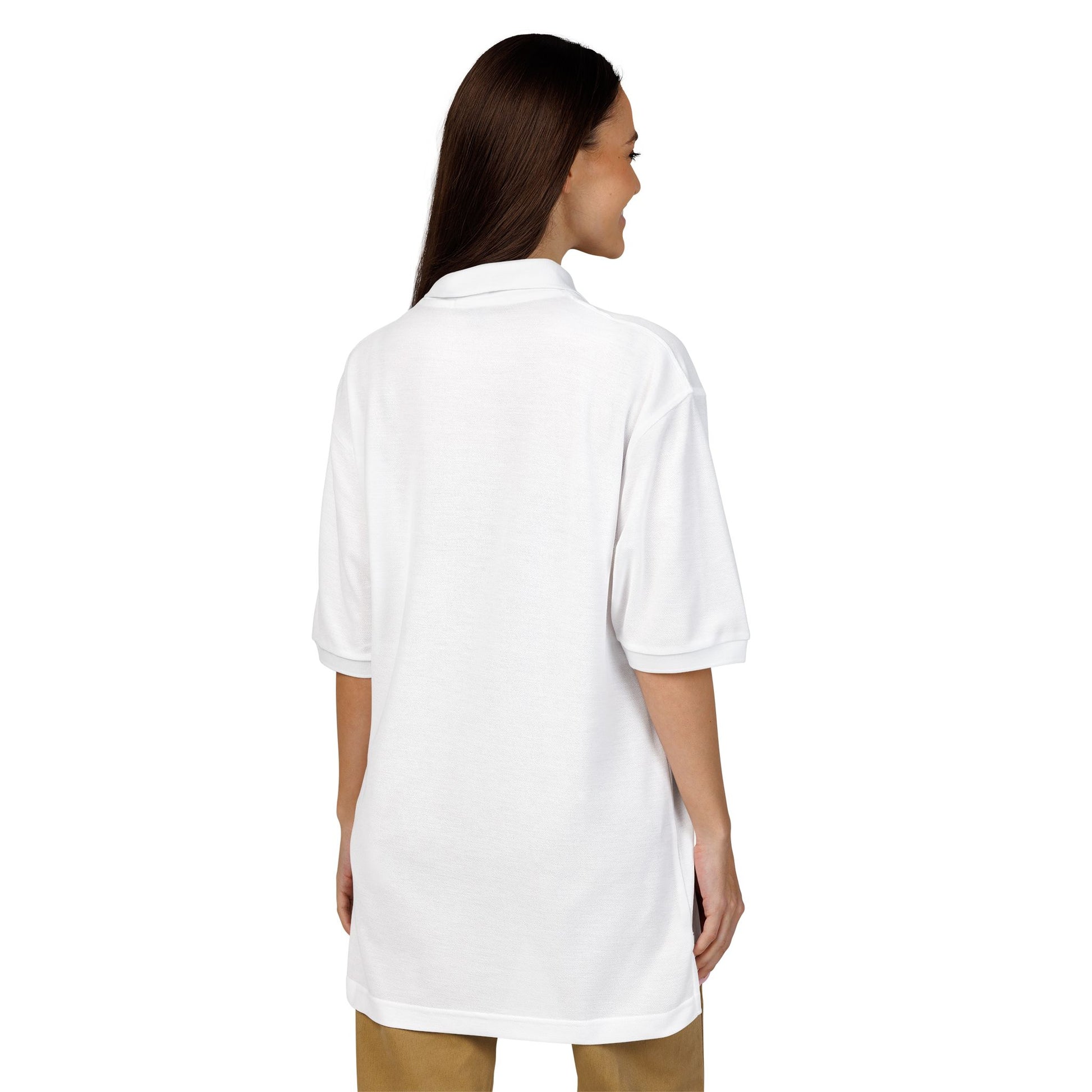 female model side and back view white embroidered polo shirt relaxed fit minimalist Eyes Wide Shut inspired apparel