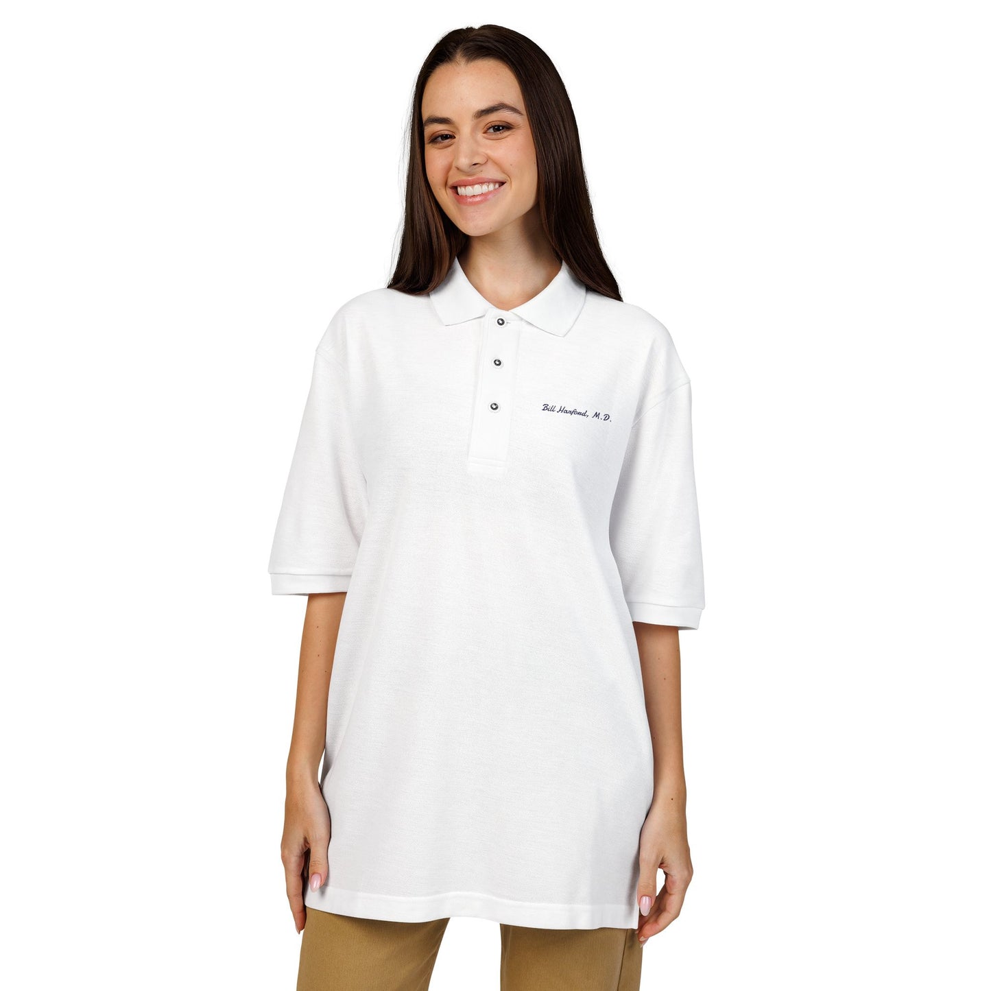 female model wearing oversized white Bill Harford M.D embroidered polo shirt minimalist film reference front view