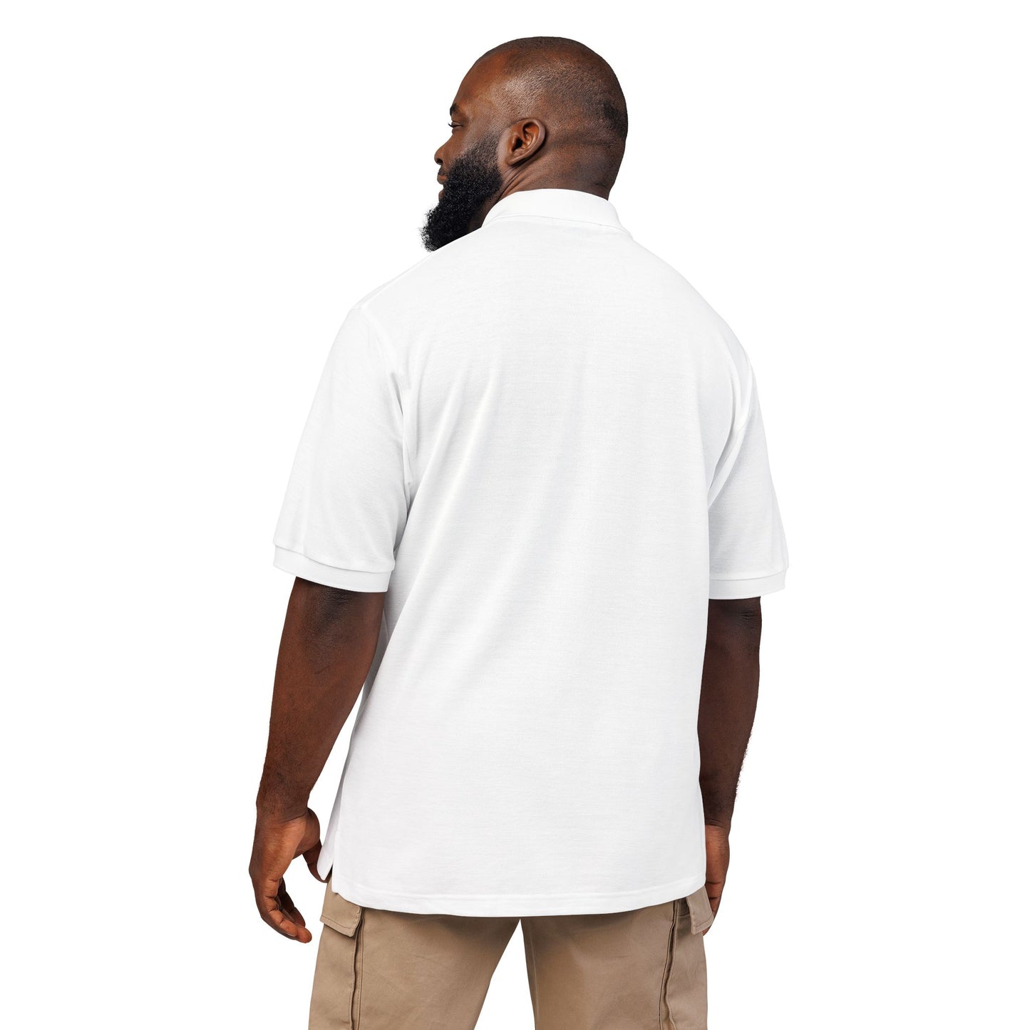 male model back view wearing white unisex polo shirt clean rear design Bill Harford M.D embroidered front garment