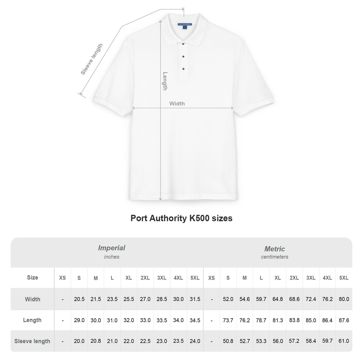 unisex polo shirt size chart measurements for Bill Harford M.D embroidered shirt sizing guide